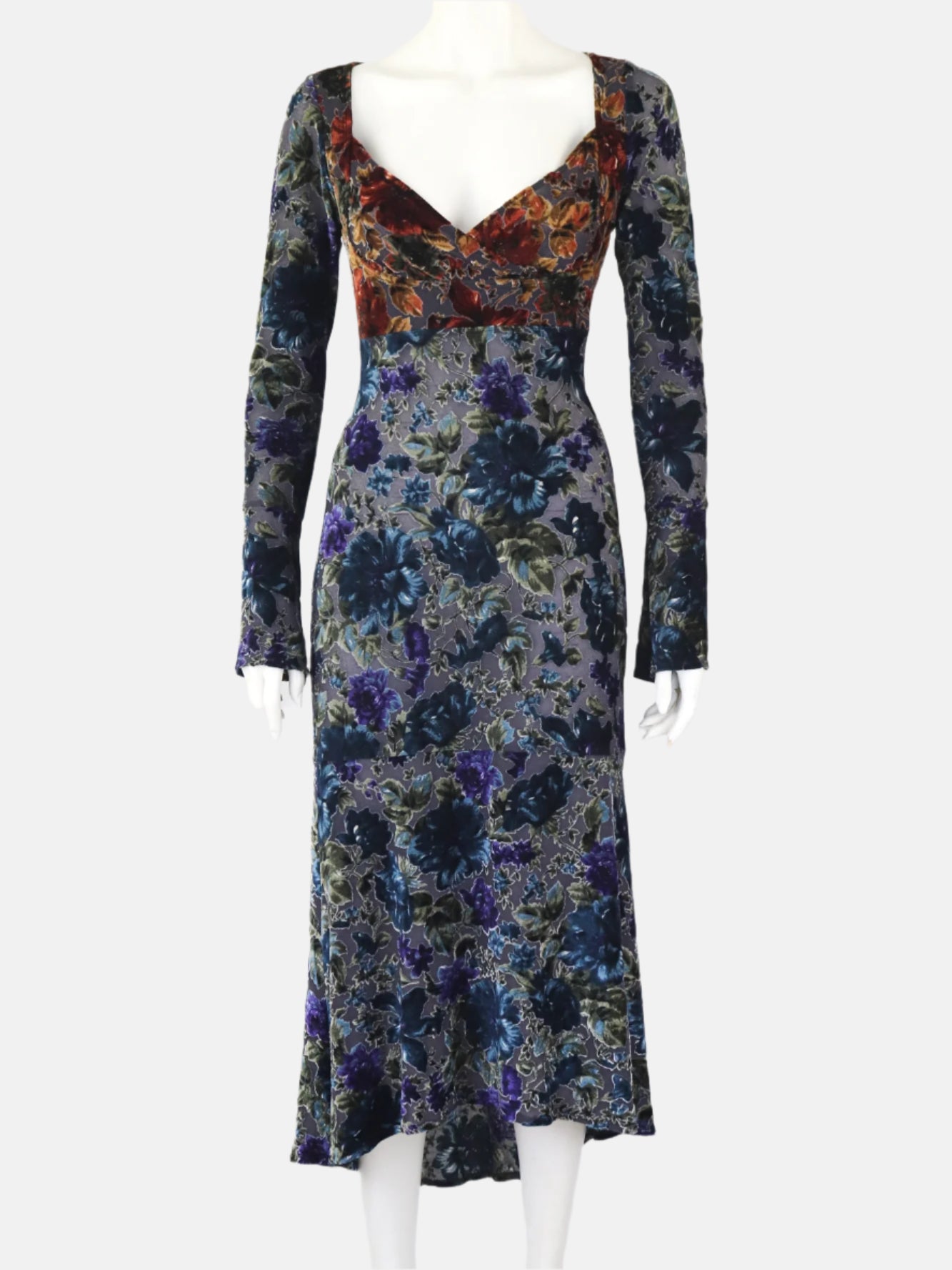 F/W 1997 Rifat Ozbek Burnout Velvet Floral Print Runway Dress / IT 42 (S-M)