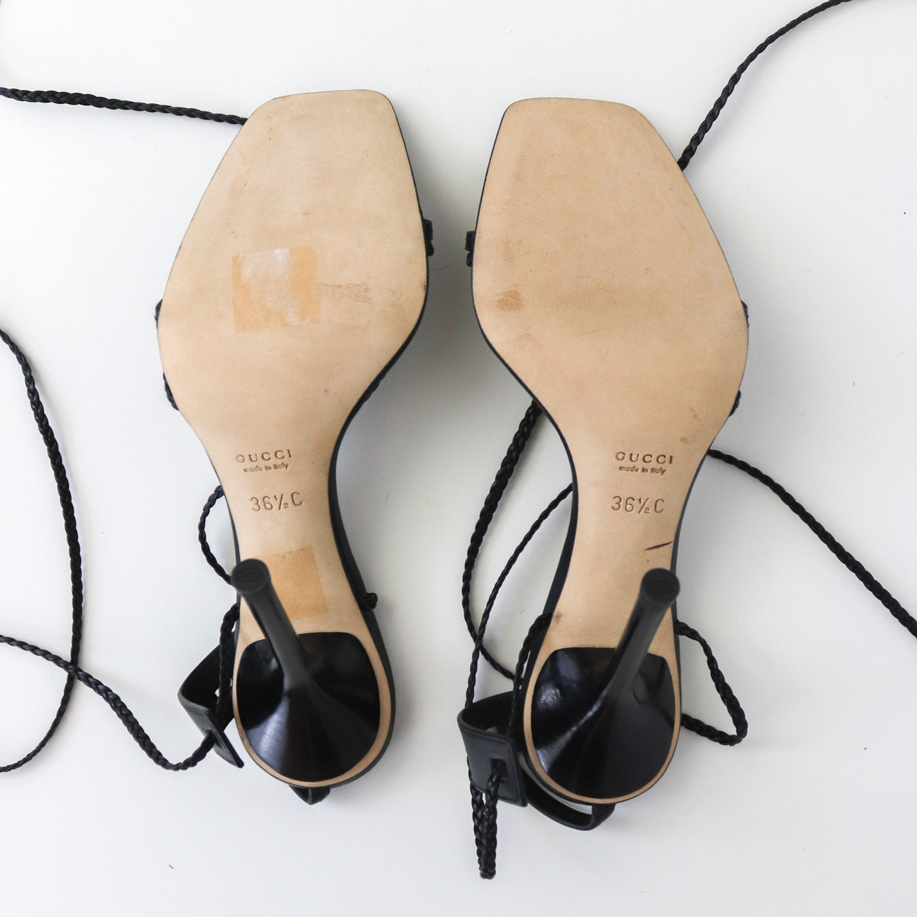 Vintage F/W 2002 Gucci by Tom Ford Black Braided Leather Strappy Heels Bamboo Insole / 36.5 (US 6.5)