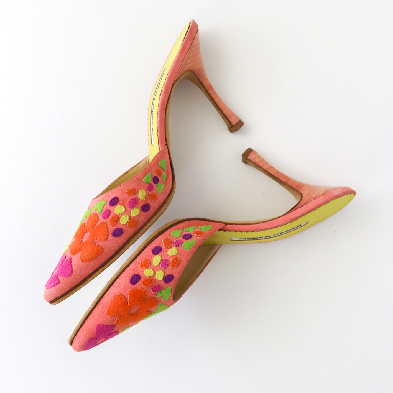 Vintage Manolo Blahnik Suede Floral Patchwork Pointed Toe Mule Heels / 36 (US 6)