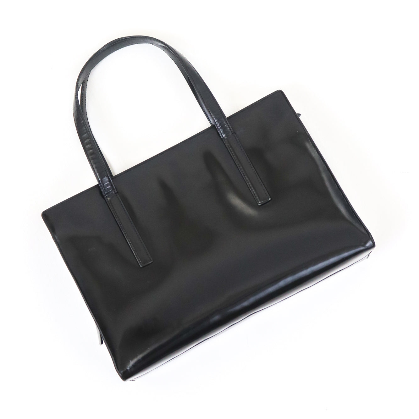 Vintage 1990s Prada Spazzolato Black Patent Leather Shoulder Bag As seen on Carolyn Bessette Kennedy