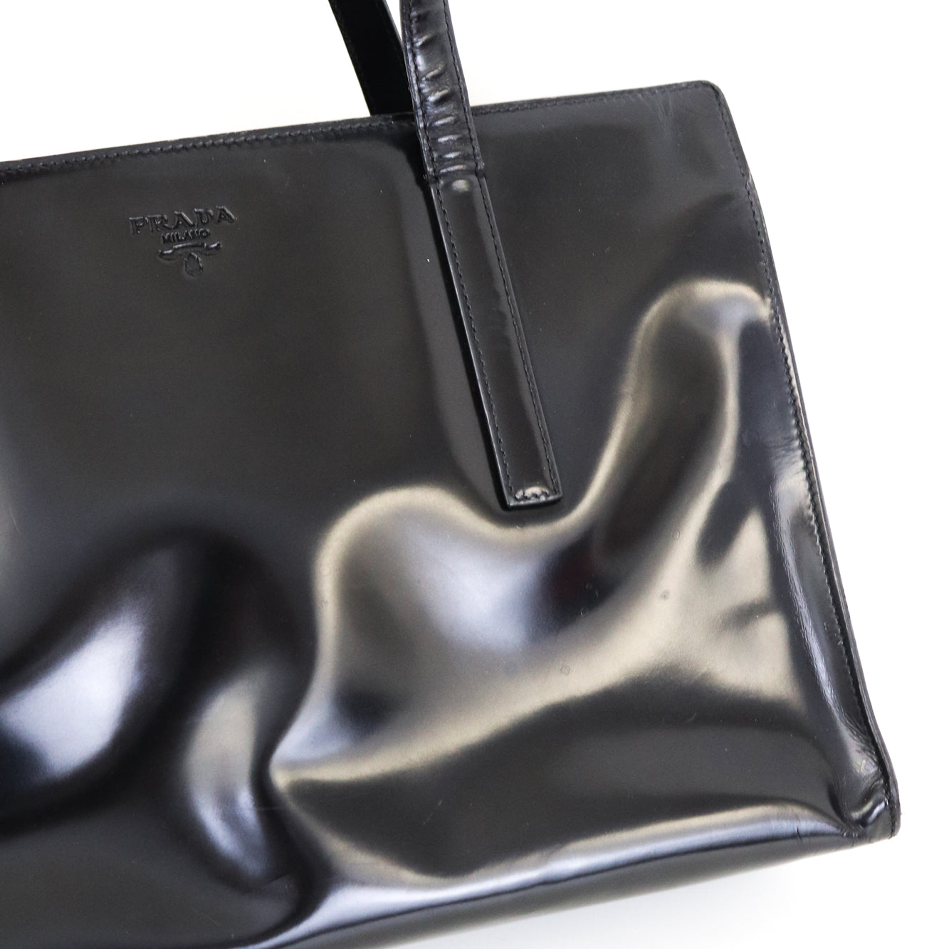 Vintage 1990s Prada Spazzolato Black Patent Leather Shoulder Bag As seen on Carolyn Bessette Kennedy