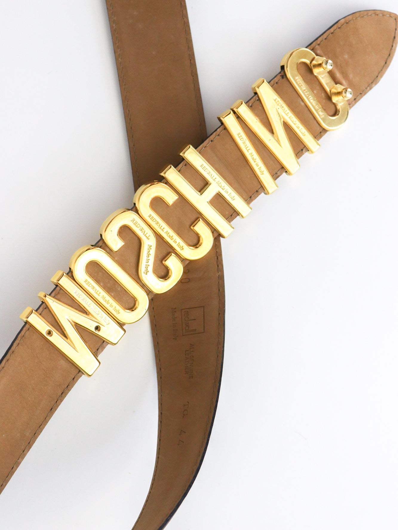 Vintage 1990s Moschino Redwall Brown Leather Belt Gold Letters Sign / IT 44 (M)