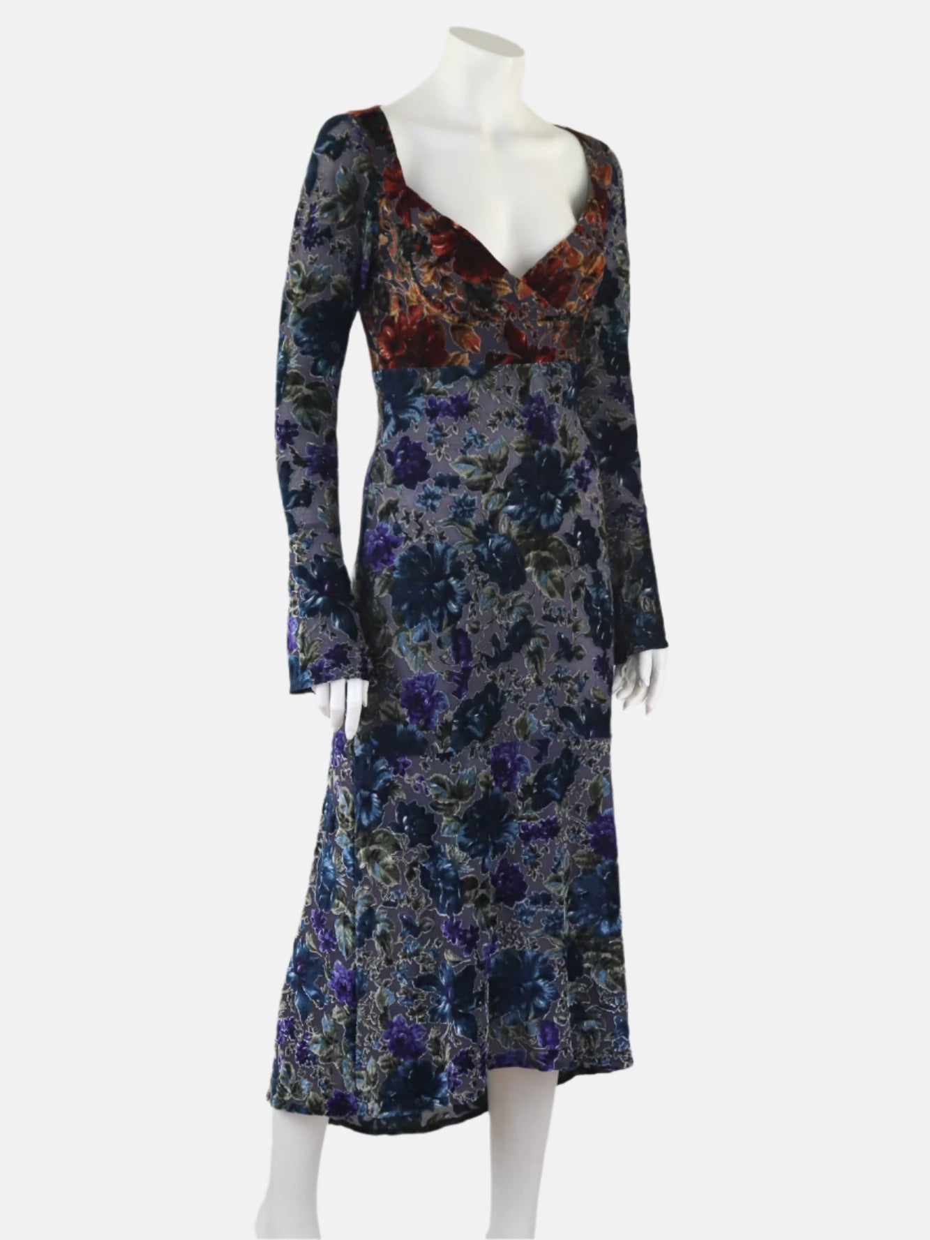 F/W 1997 Rifat Ozbek Burnout Velvet Floral Print Runway Dress / IT 42 (S-M)