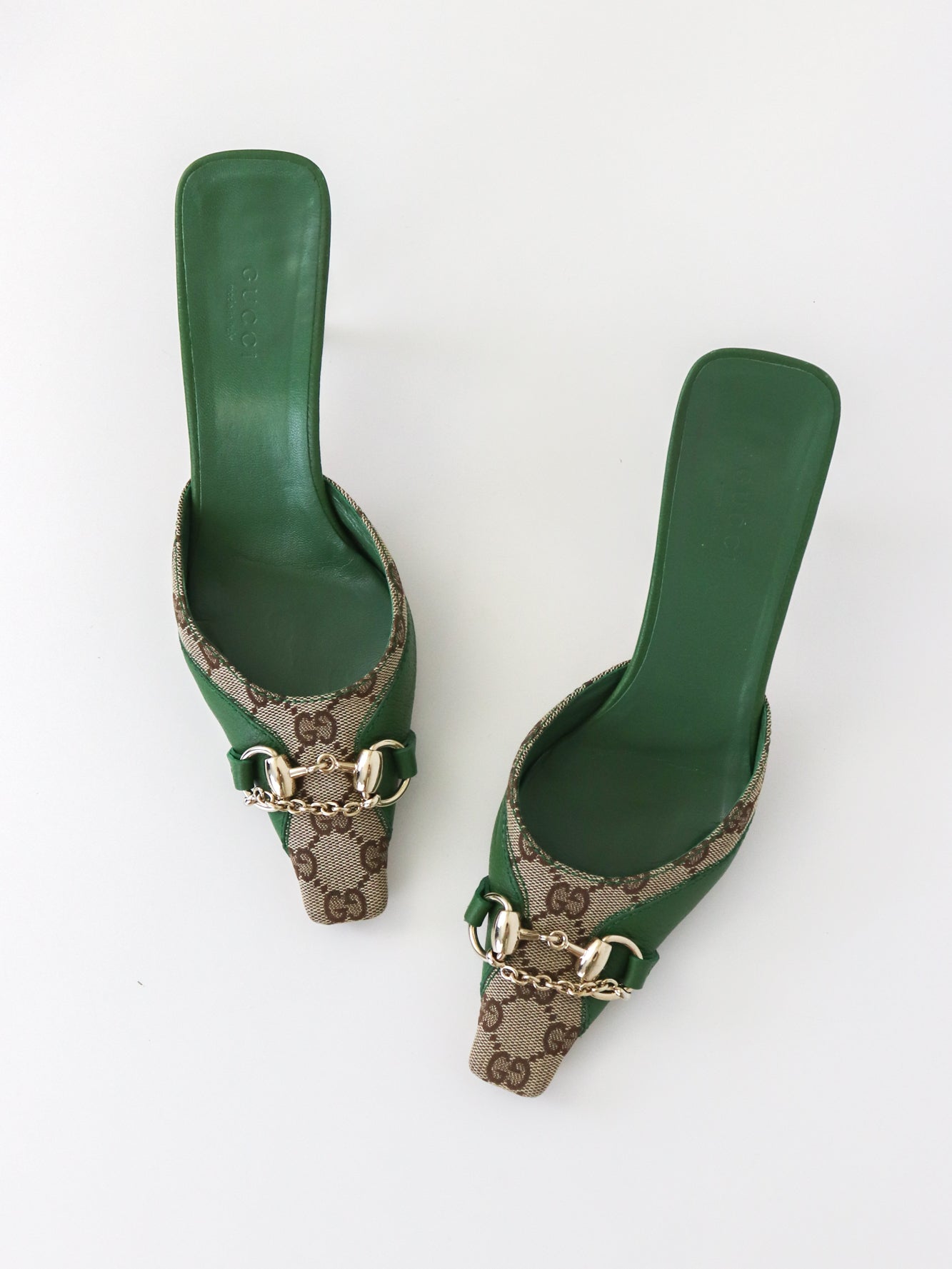 Vintage Gucci by Tom Ford Green GG Monogram Horsebit Chain Detail Mules / 36 (US 6)