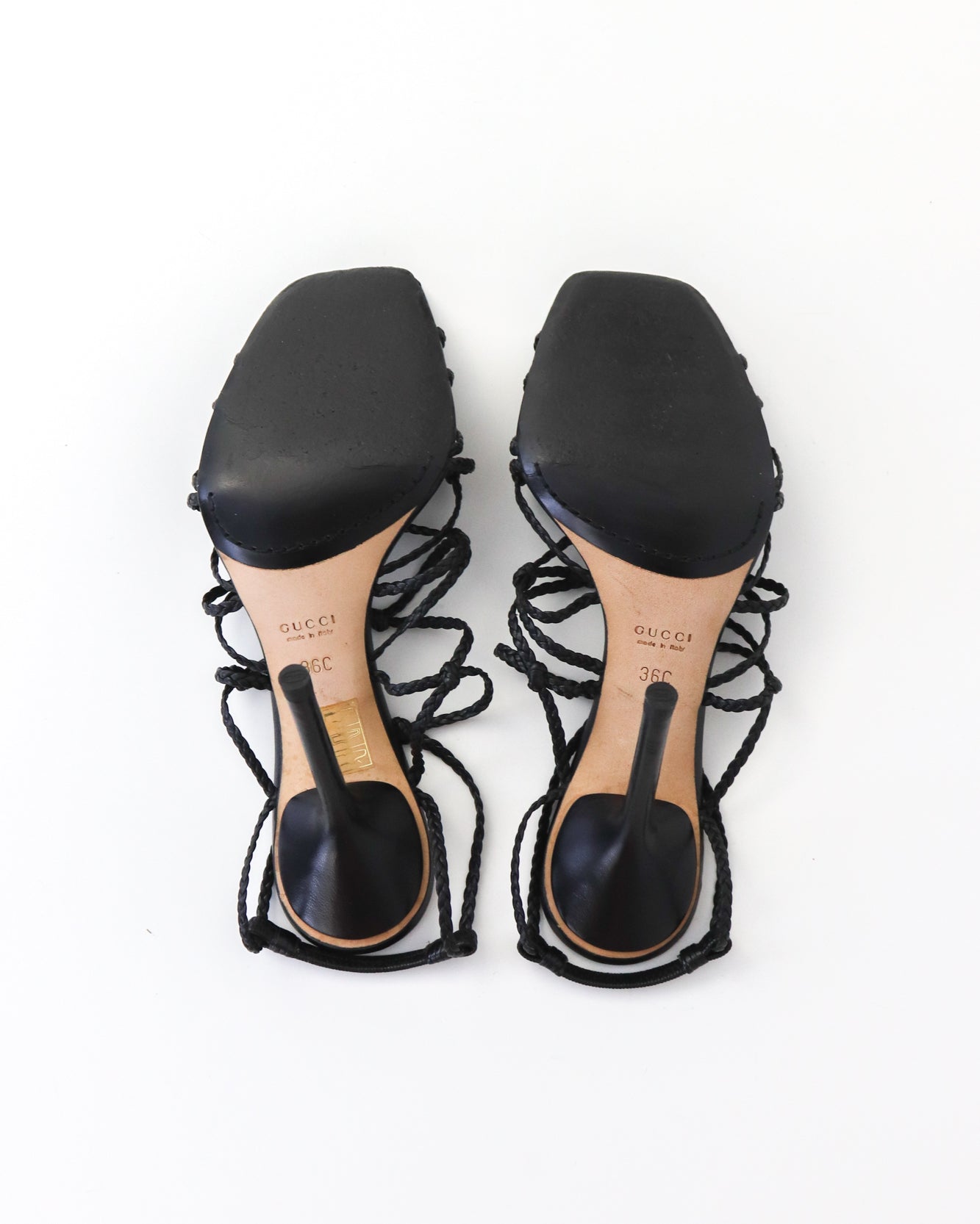 Vintage F/W 2002 Gucci by Tom Ford Black Braided Leather Stiletto Sandals / 36 (US 6)