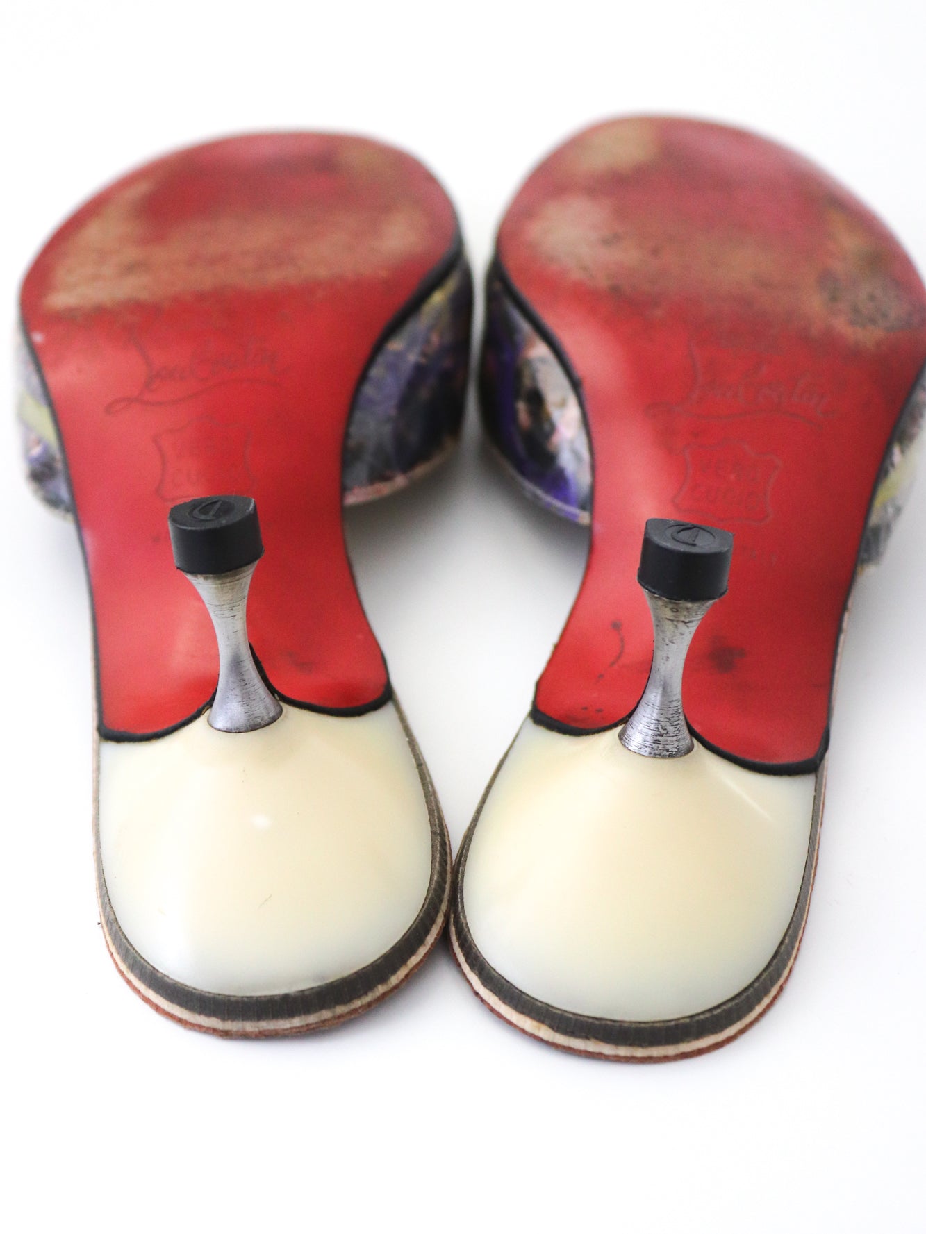 Vintage 1999 Christian Louboutin Arte Povera Trash Collection Kitten Heel Mules / 37 (US 7)