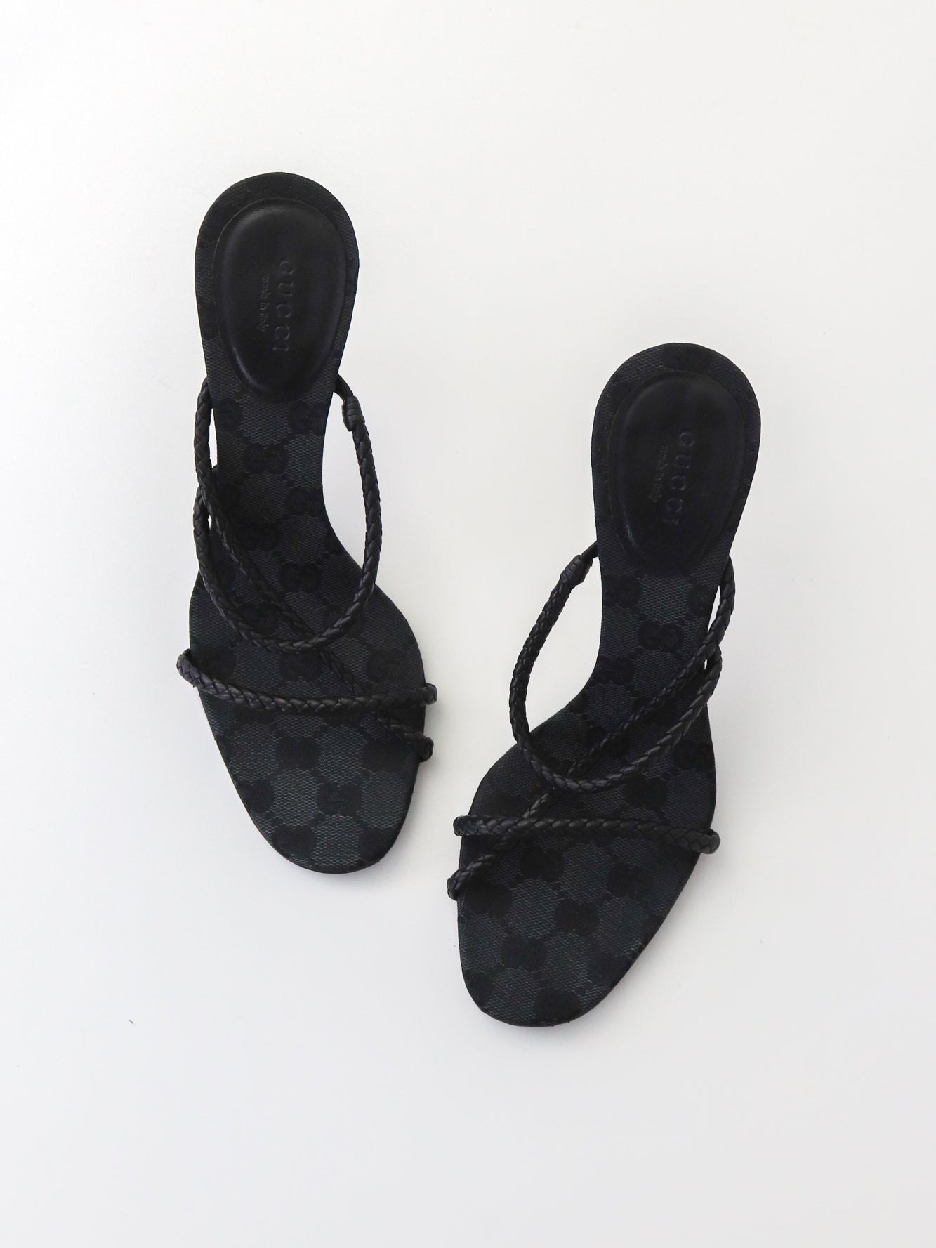 Vintage F/W 2002 Gucci by Tom Ford Black Monogram Heels Mules Braided Leather Detail / 37.5 (US 7.5)