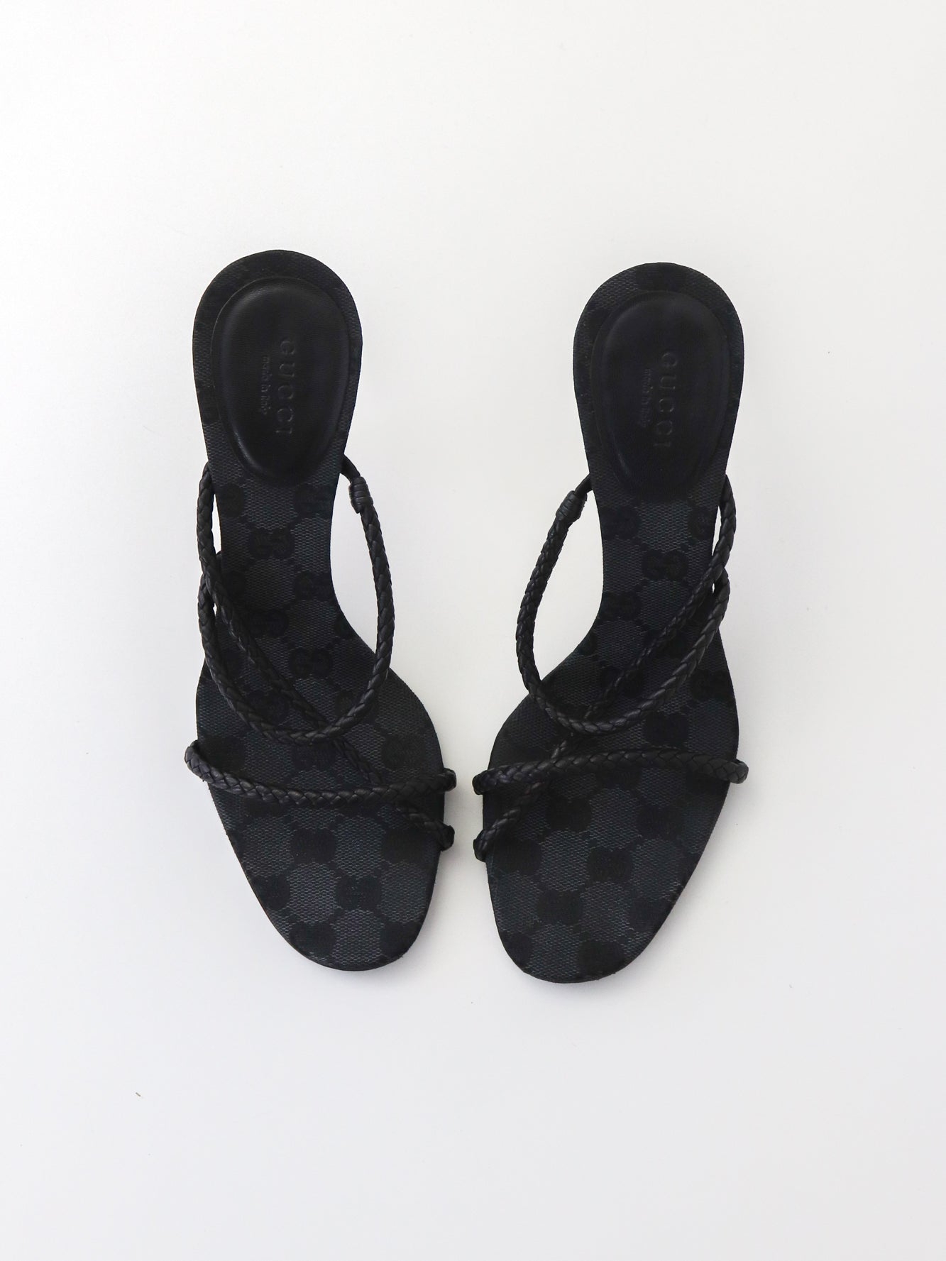 Vintage F/W 2002 Gucci by Tom Ford Black Monogram Heels Mules Braided Leather Detail / 37.5 (US 7.5)