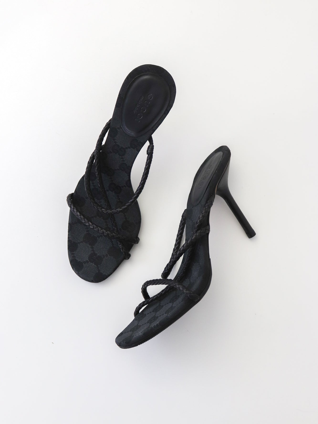 Vintage F/W 2002 Gucci by Tom Ford Black Monogram Heels Mules Braided Leather Detail / 37.5 (US 7.5)
