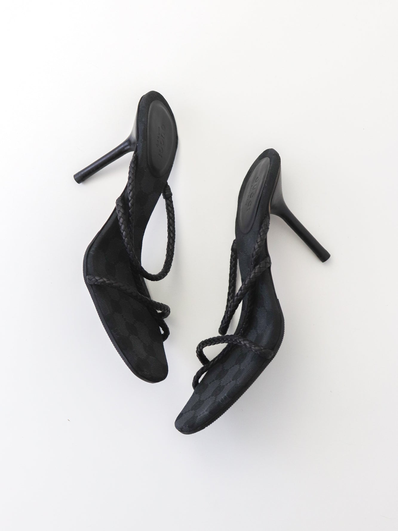 Vintage F/W 2002 Gucci by Tom Ford Black Monogram Heels Mules Braided Leather Detail / 37.5 (US 7.5)