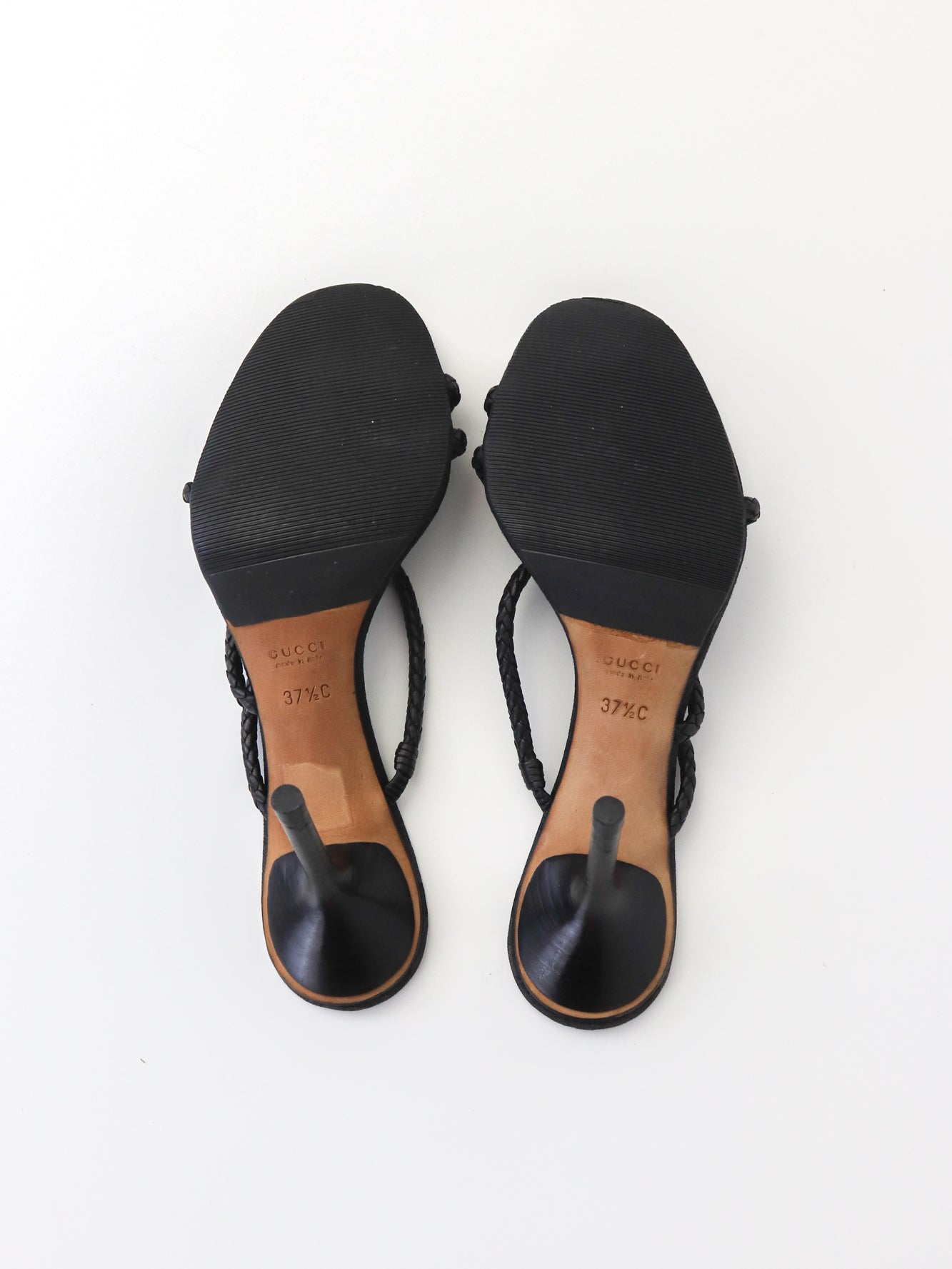 Vintage F/W 2002 Gucci by Tom Ford Black Monogram Heels Mules Braided Leather Detail / 37.5 (US 7.5)