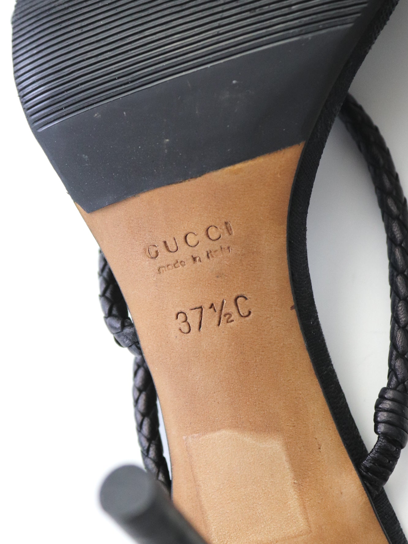 Vintage F/W 2002 Gucci by Tom Ford Black Monogram Heels Mules Braided Leather Detail / 37.5 (US 7.5)
