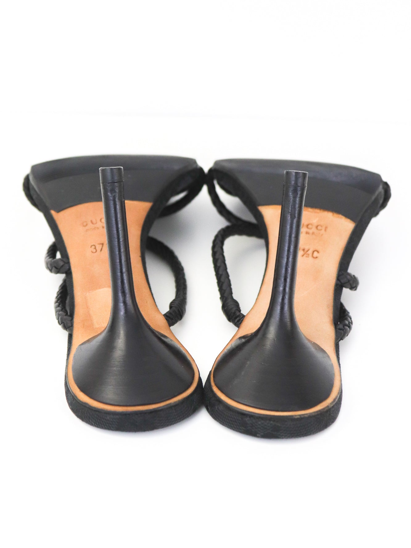 Vintage F/W 2002 Gucci by Tom Ford Black Monogram Heels Mules Braided Leather Detail / 37.5 (US 7.5)