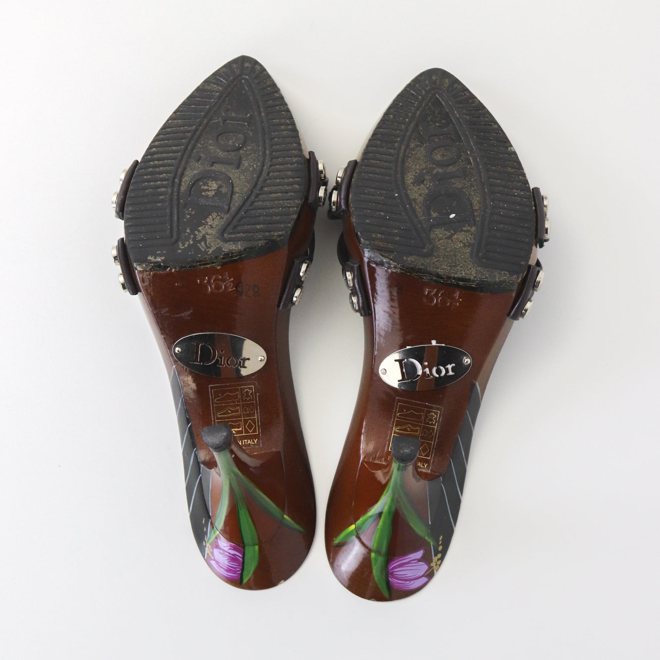 Vintage Christian Dior Galliano Era Flower Hand-painted Mules Leather Knot Heels / 36.5 (US 6.5)