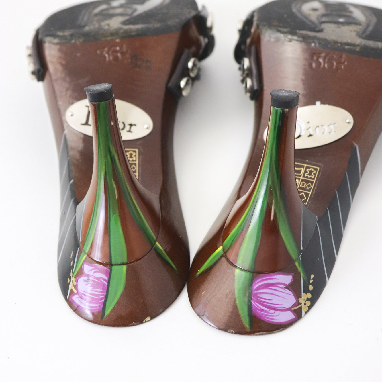 Vintage Christian Dior Galliano Era Flower Hand-painted Mules Leather Knot Heels / 36.5 (US 6.5)