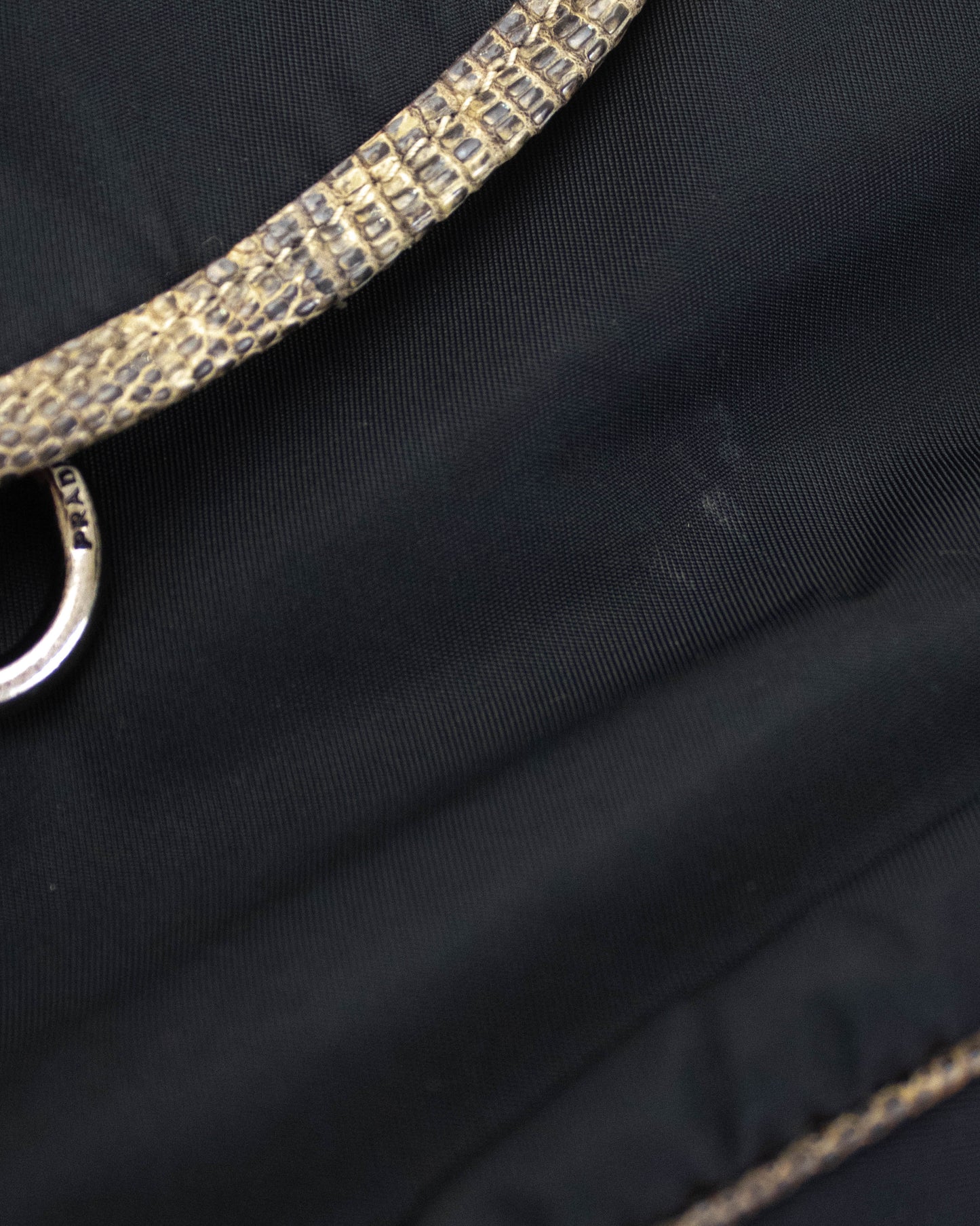 Vintage Prada Black Nylon Lizard Trim Shoulder Bag