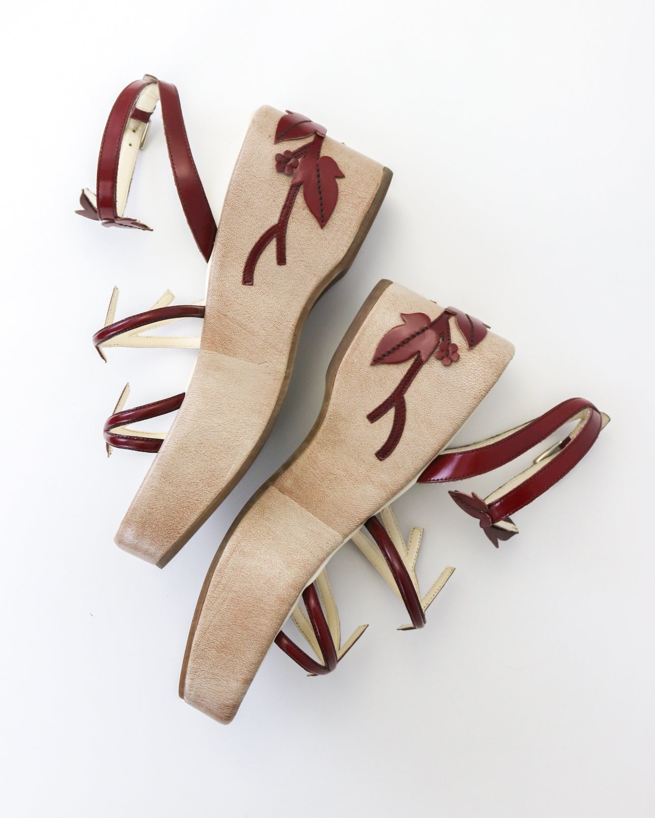 Vintage S/S 1997 Prada Red Floral Vine Leaf Applique Runway Wedge Sandals / 36 (US 6)