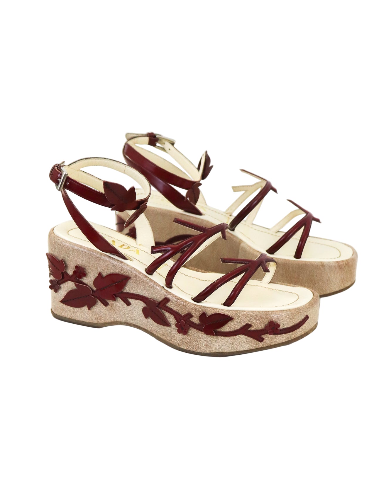 Vintage S/S 1997 Prada Red Floral Vine Leaf Applique Runway Wedge Sandals / 36 (US 6)