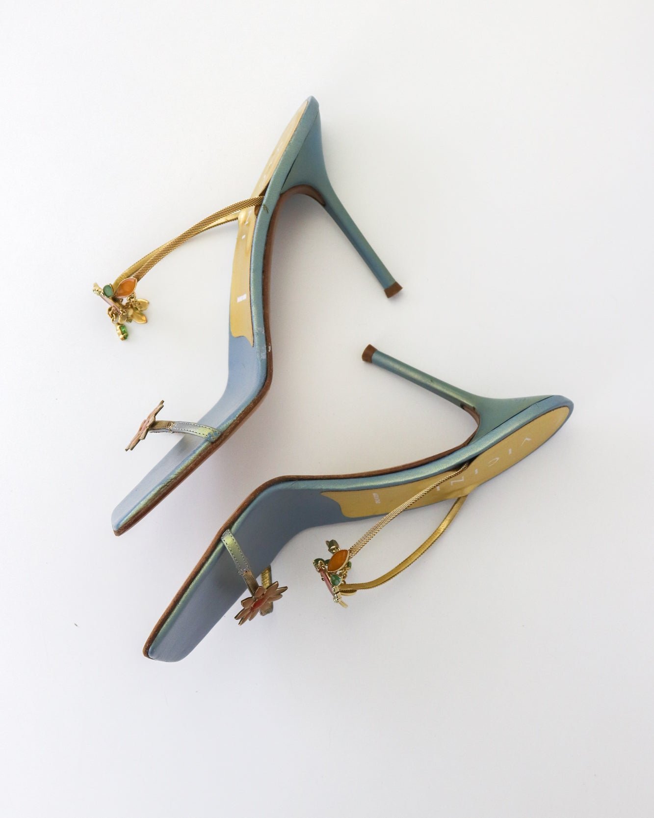 Vintage Vicini Giuseppe Zanotti Metallic Blue Square Toe Bejeweled Mule Heels / 38 (US 8)