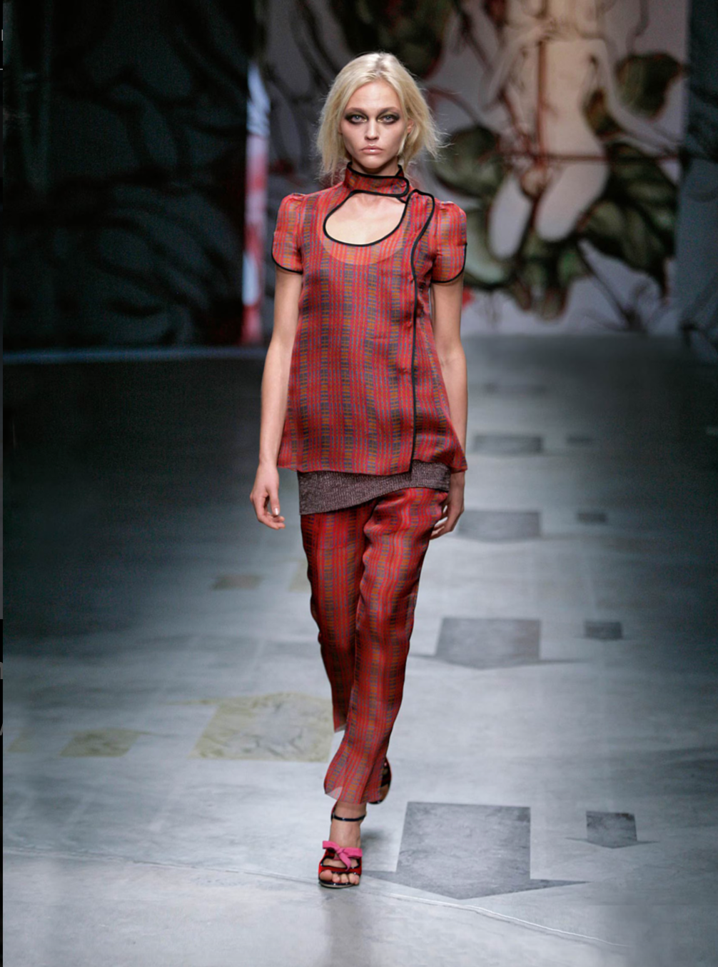 S/S 2008 Prada James Jean Fairy Collection Orange Pink Plaid Silk Blouse / IT 42 (S-M)