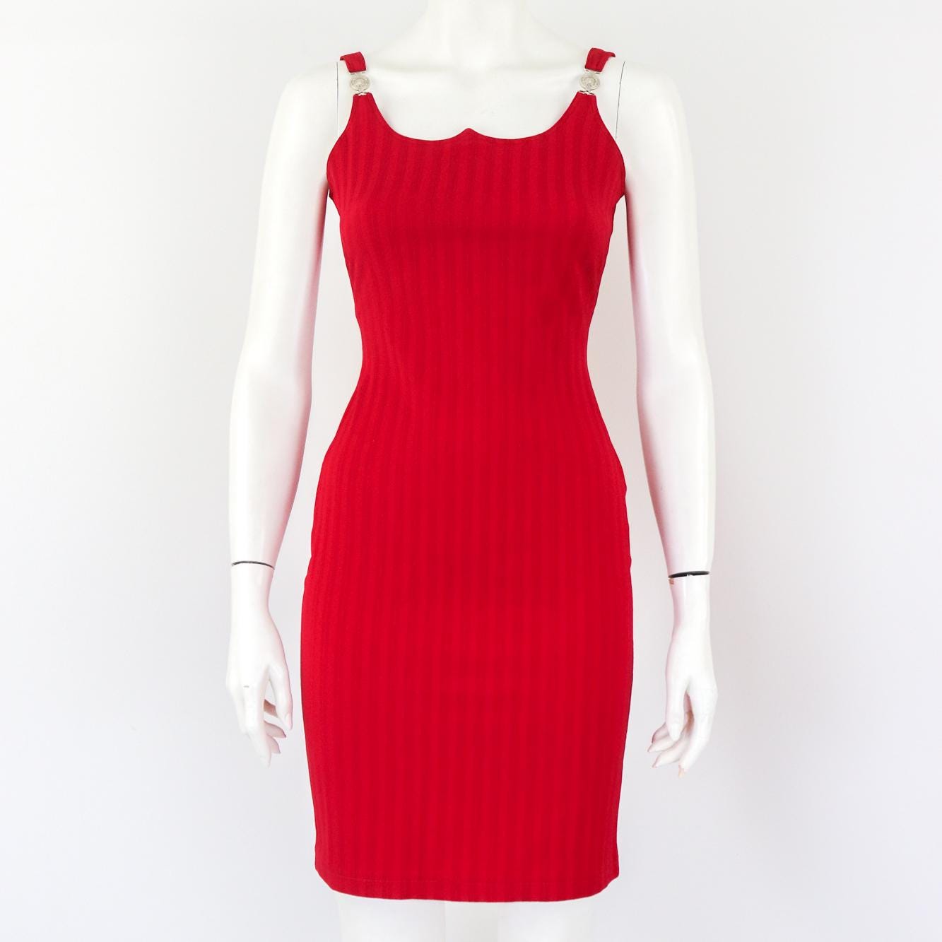Vintage 1995 Versace Jeans Couture Scalloped Neckline Dress Medusa Head Straps / XS-S