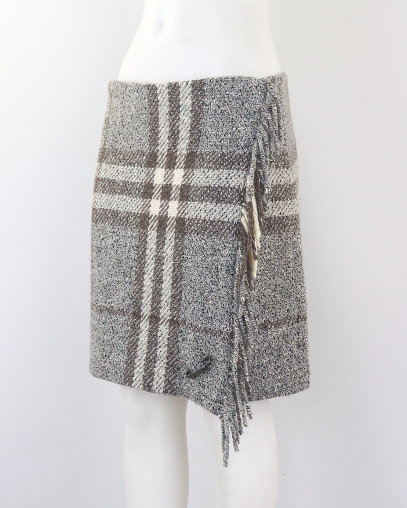 Vintage Burberry Grey Nova Check Thick Textured Wool Wrap Kilt Skirt / IT 40 (S)
