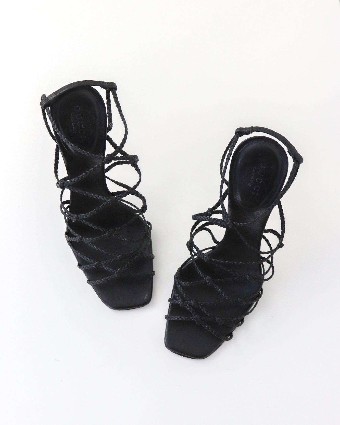 Vintage F/W 2002 Gucci by Tom Ford Black Braided Leather Stiletto Sandals / 36 (US 6)