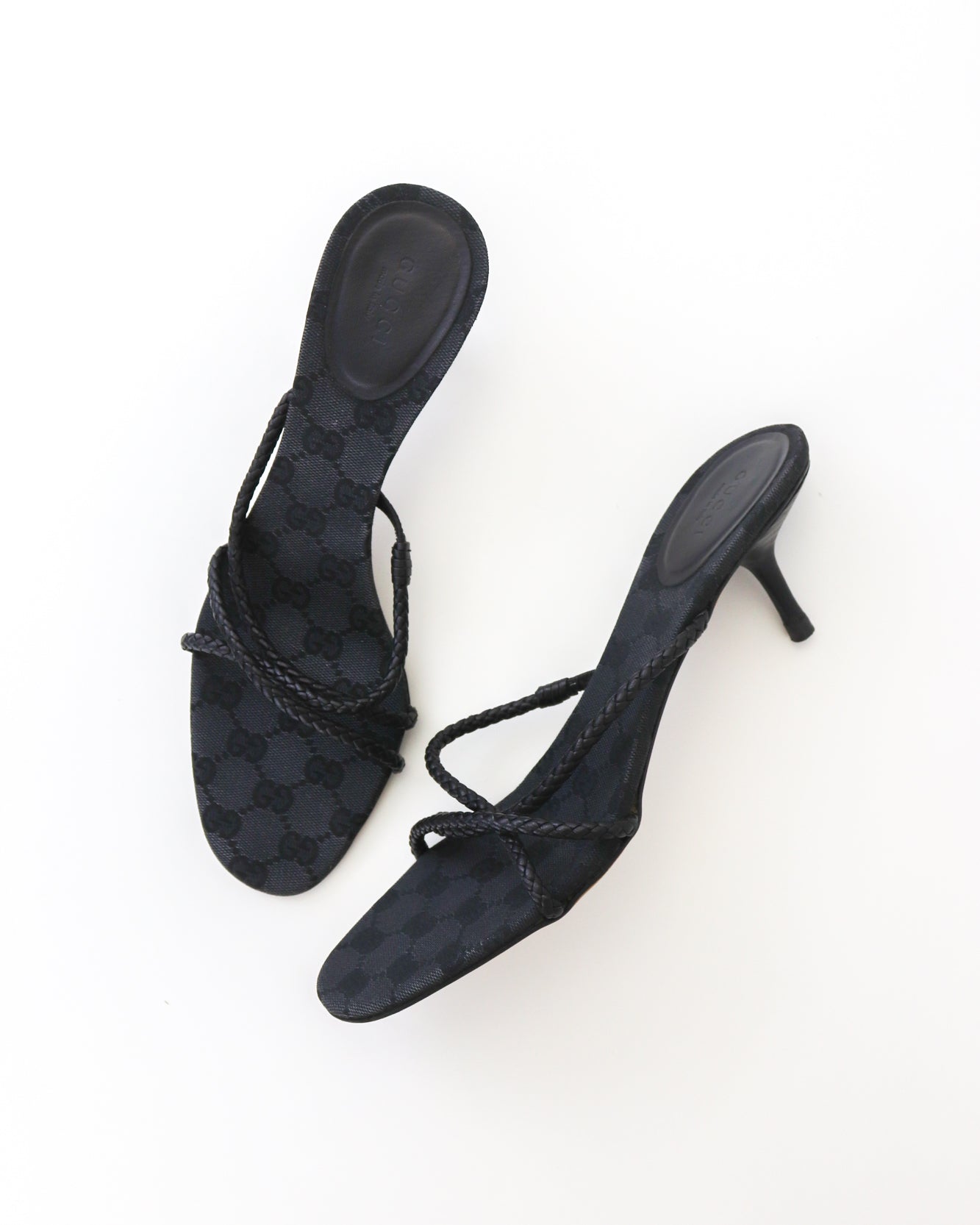 Vintage F/W 2002 Gucci by Tom Ford Black Monogram Kitten Heel Mules Braided Leather Detail / 40 (US 10)