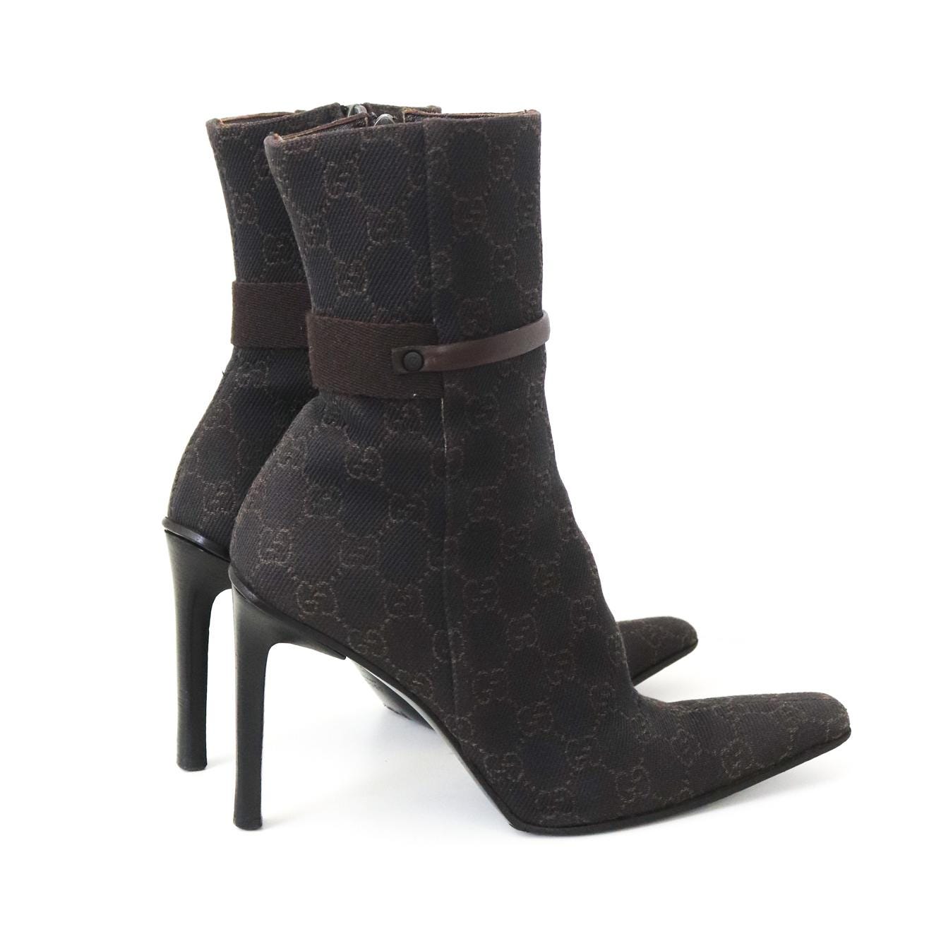 Vintage Gucci by Tom Ford Brown GG Monogram Canvas Ankle Boots Heels / 36.5 (US 6.5)