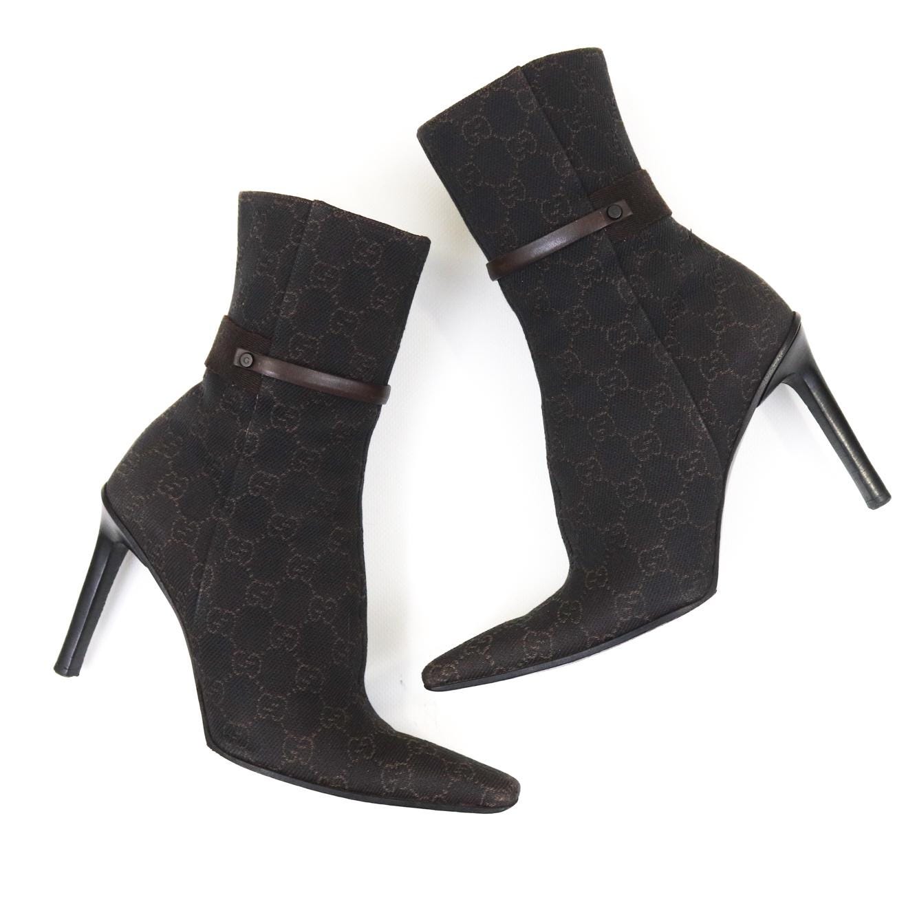 Vintage Gucci by Tom Ford Brown GG Monogram Canvas Ankle Boots Heels / 36.5 (US 6.5)