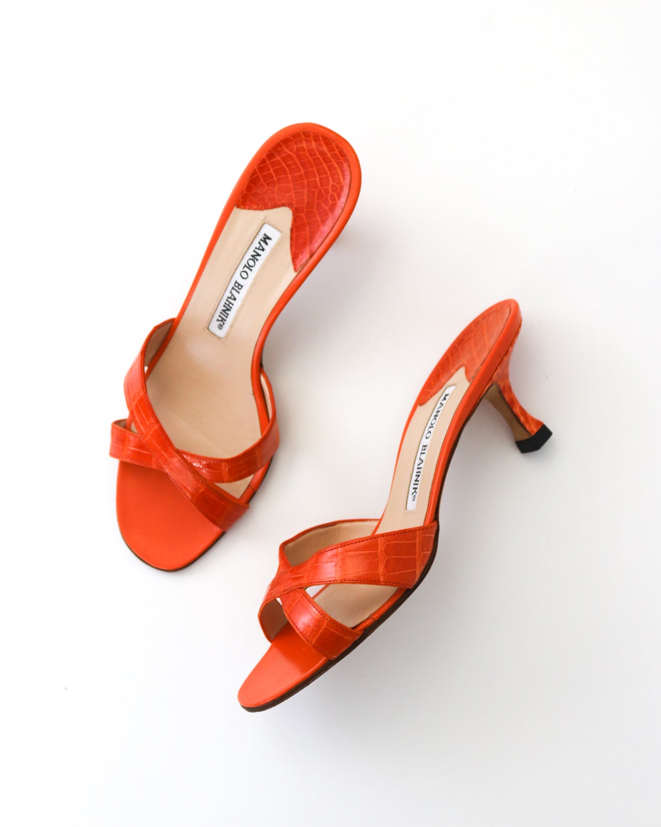 Vintage Manolo Blahnik Callamu Orange Croc Kitten Heel Mules / 36 (US 6)