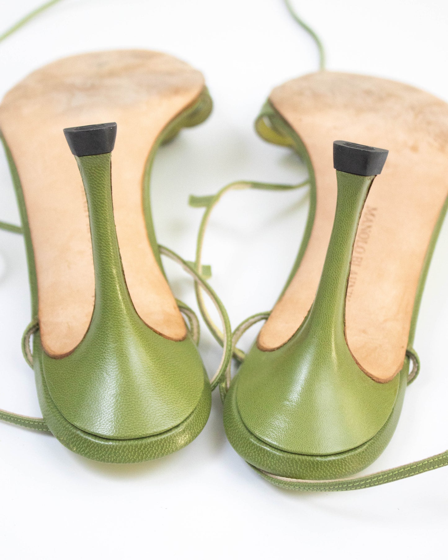 Vintage Manolo Blahnik Green Leaf Ankle Wrap Heels / 37 (US 7)