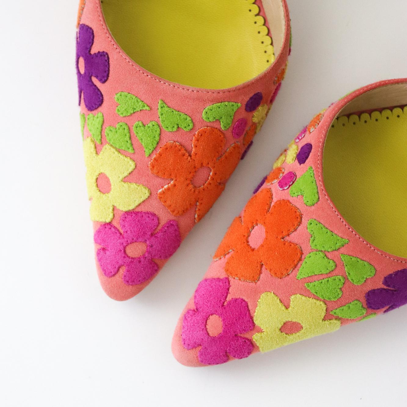 Vintage Manolo Blahnik Suede Floral Patchwork Pointed Toe Mule Heels / 36 (US 6)