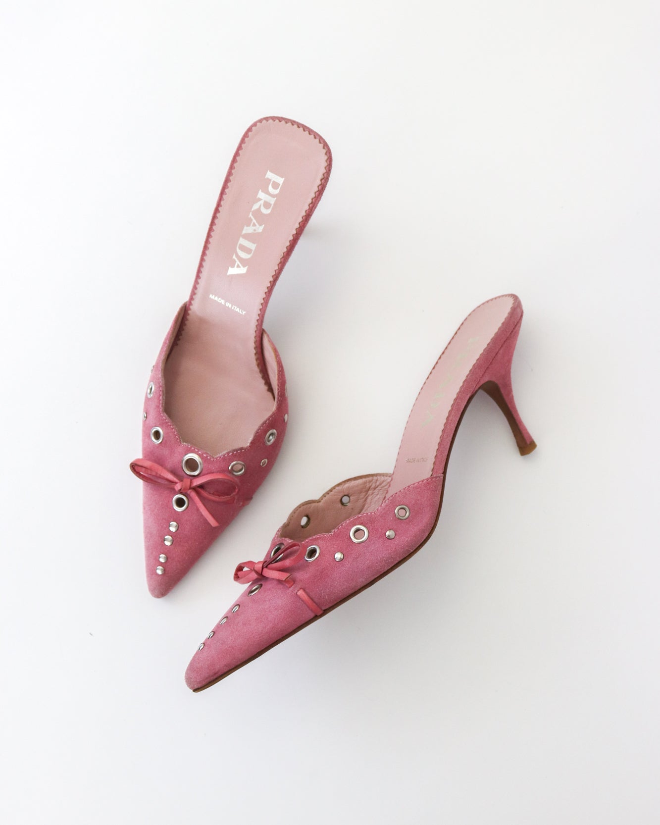 Vintage Prada Iconic Pink Suede Eyelet Bow Mule Heels / 36 (US 6)