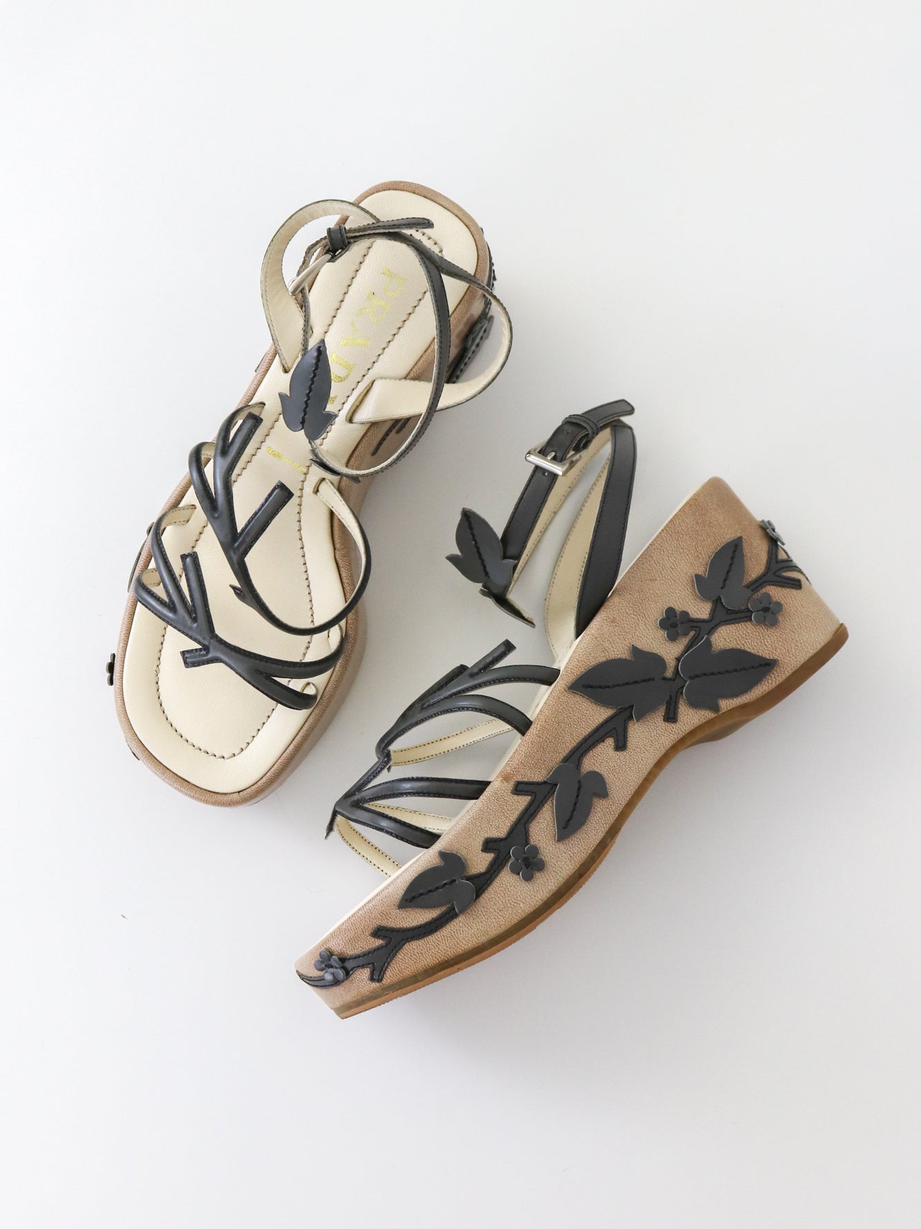 Vintage S/S 1997 Prada Floral Vine Leaf Applique Runway Wedge Sandals / 36 (US 6)