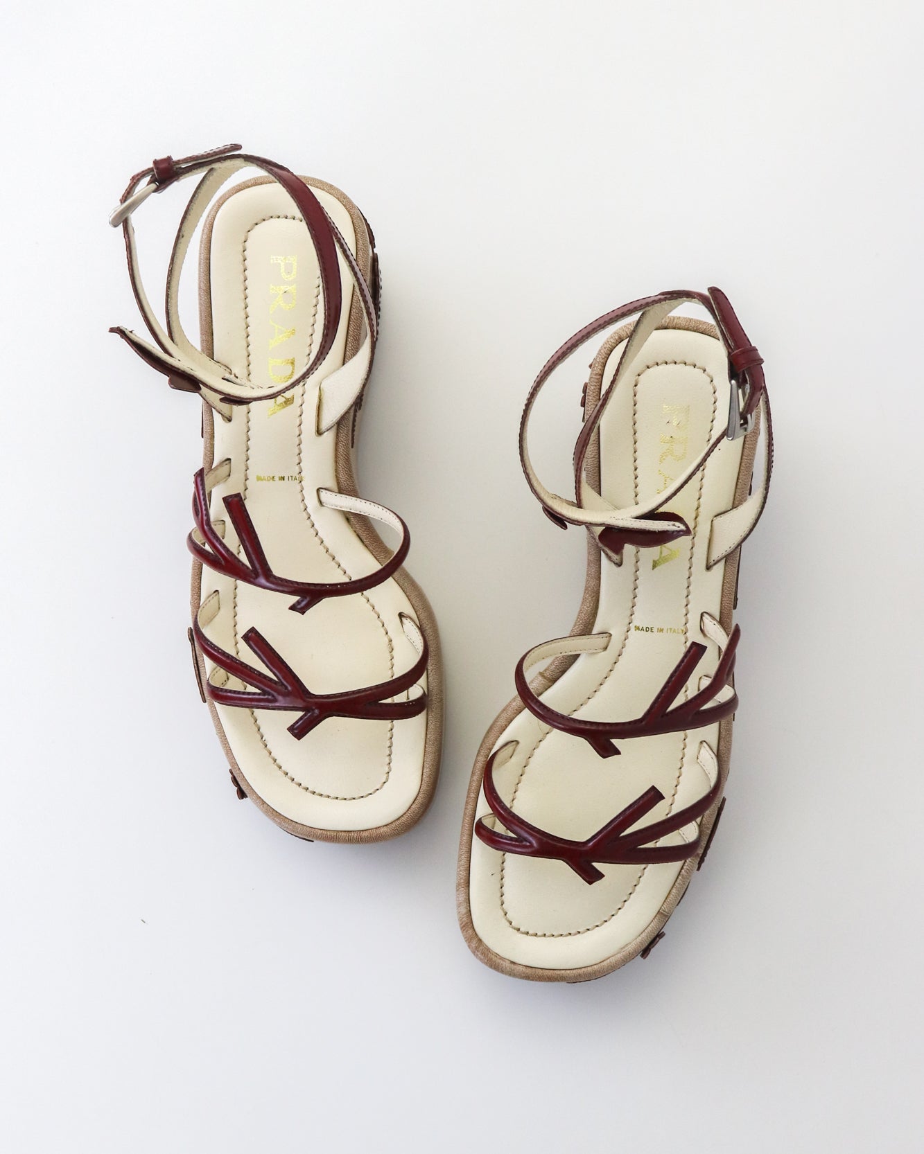 Vintage S/S 1997 Prada Red Floral Vine Leaf Applique Runway Wedge Sandals / 36 (US 6)