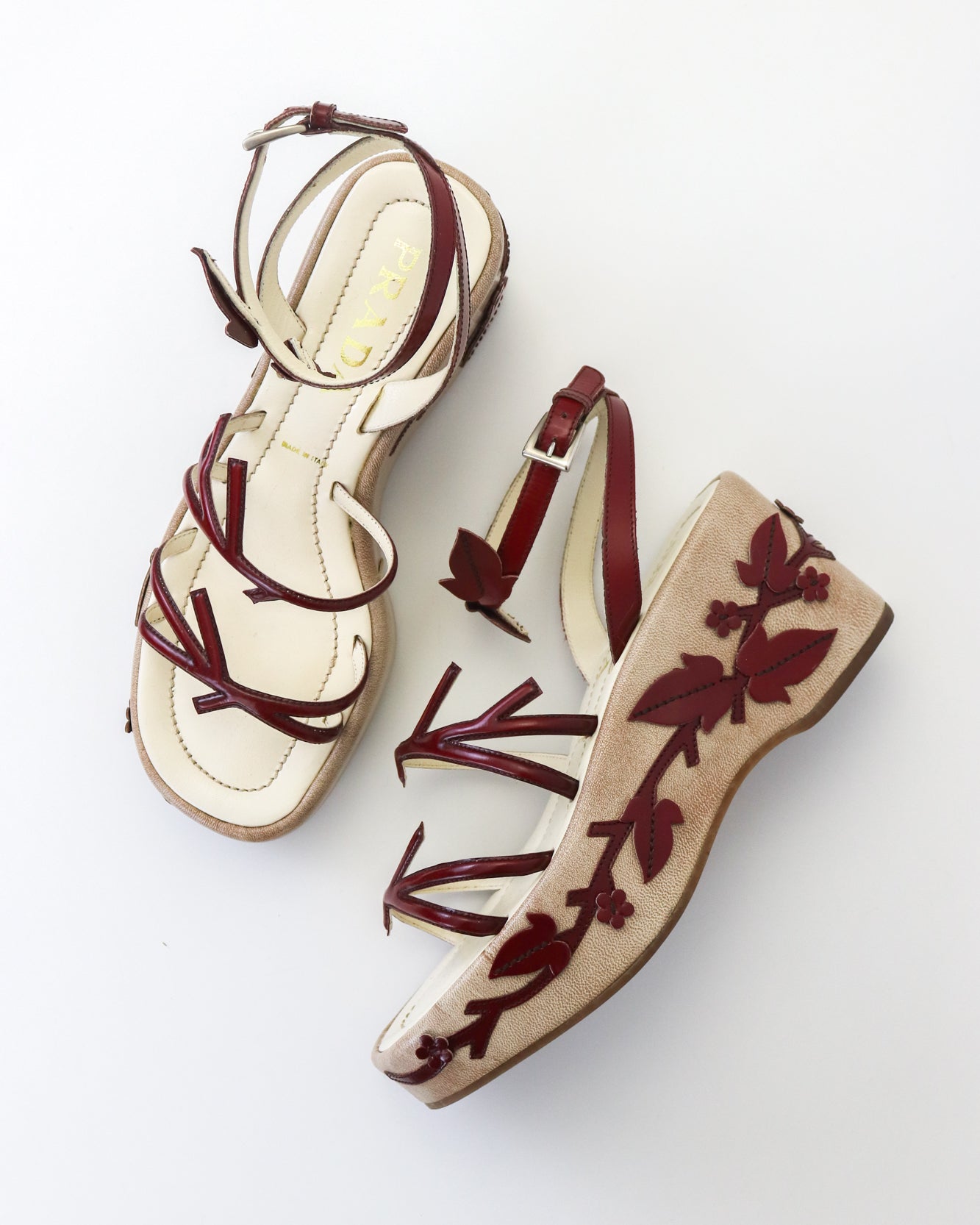 Vintage S/S 1997 Prada Red Floral Vine Leaf Applique Runway Wedge Sandals / 36 (US 6)