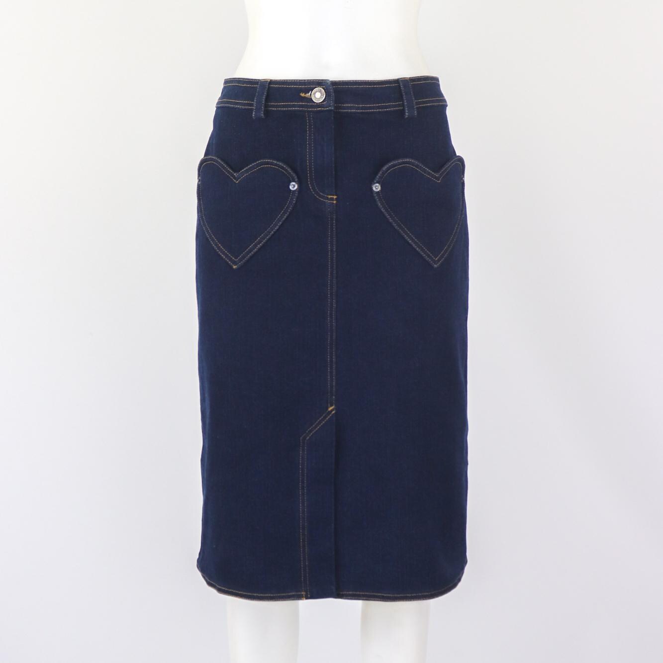 Vintage 2005 Christian Dior Boutique Galliano Era Denim Midi Skirt Heart Shaped Pockets / IT 42 (S-M)