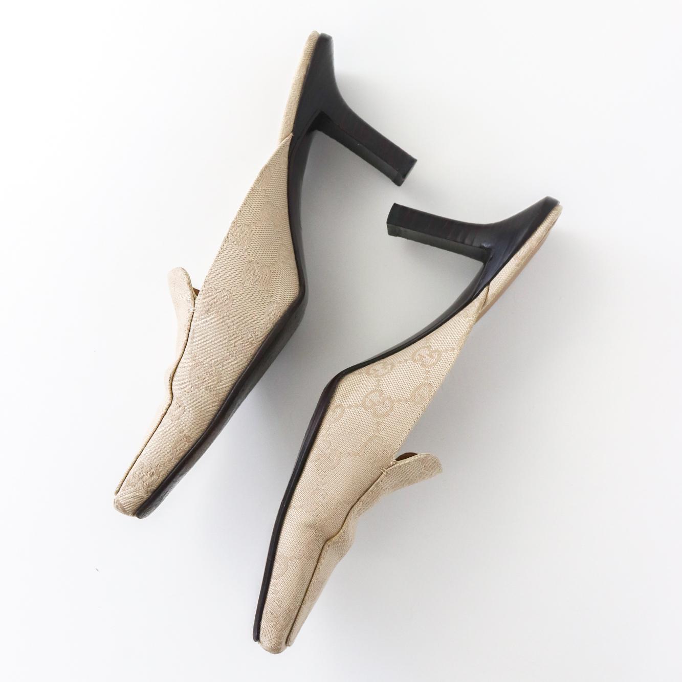 Vintage Gucci by Tom Ford Beige GG Logo Monogram Mules Square Toe Heels / 37 (US 7)