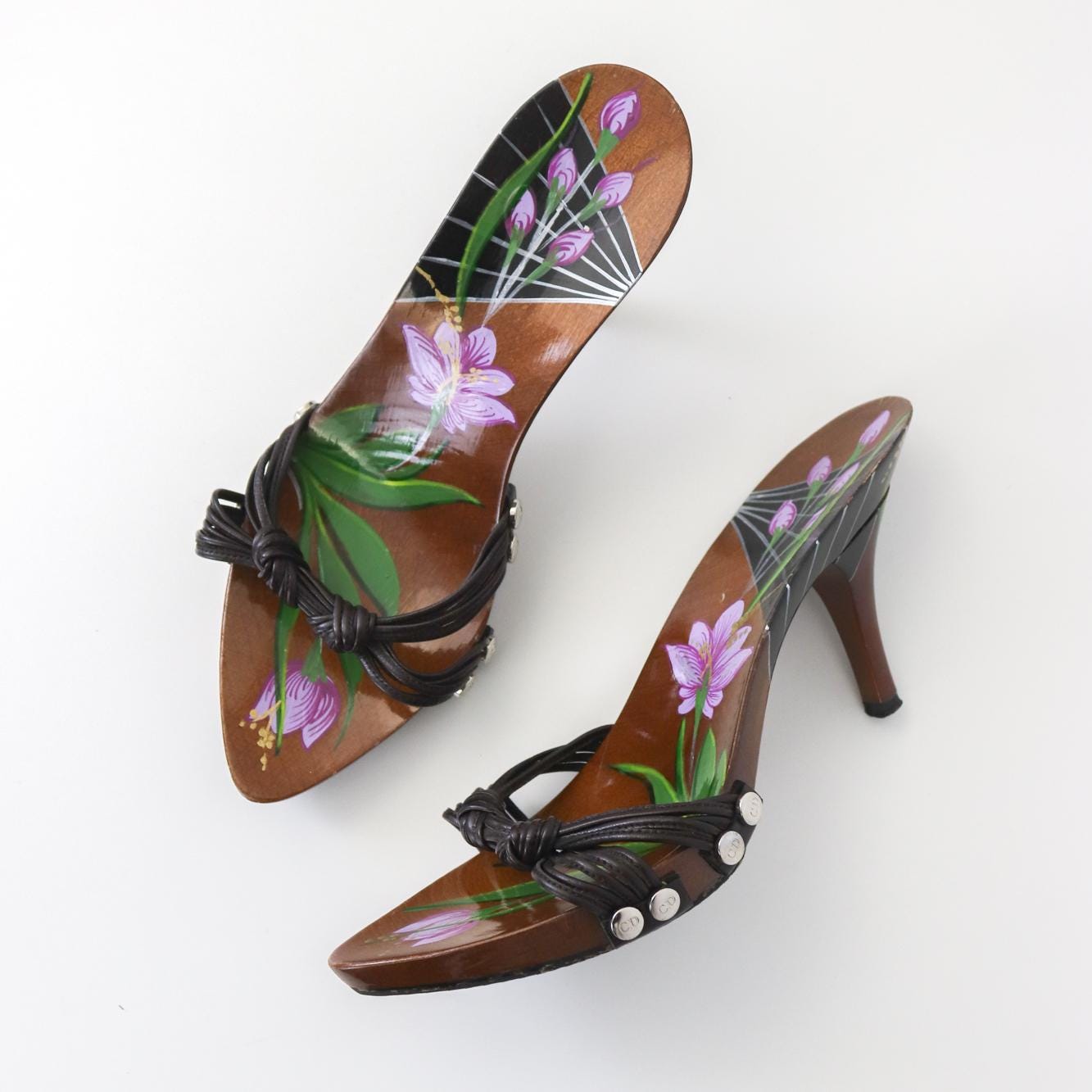 Vintage Christian Dior Galliano Era Flower Hand-painted Mules Leather Knot Heels / 36.5 (US 6.5)