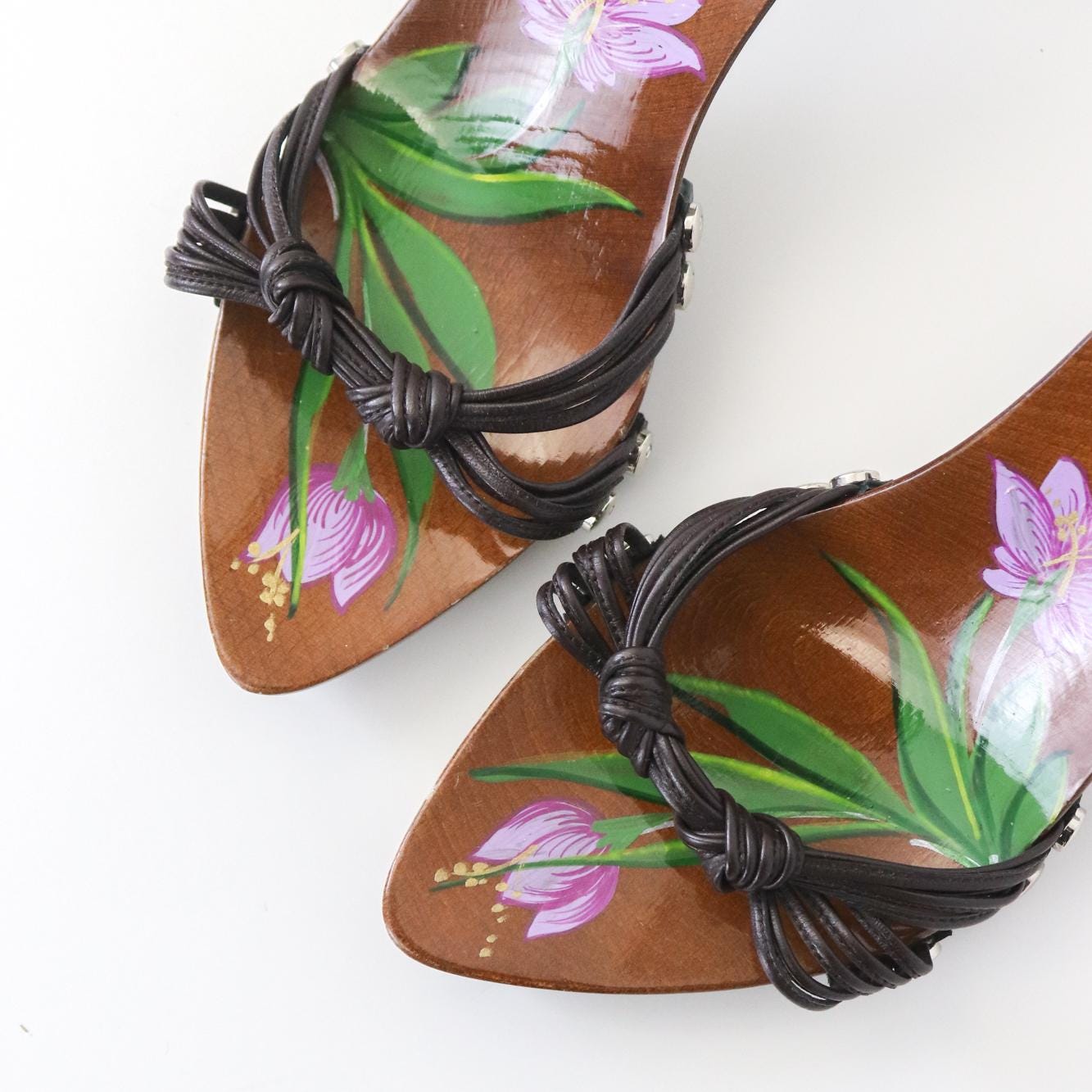 Vintage Christian Dior Galliano Era Flower Hand-painted Mules Leather Knot Heels / 36.5 (US 6.5)