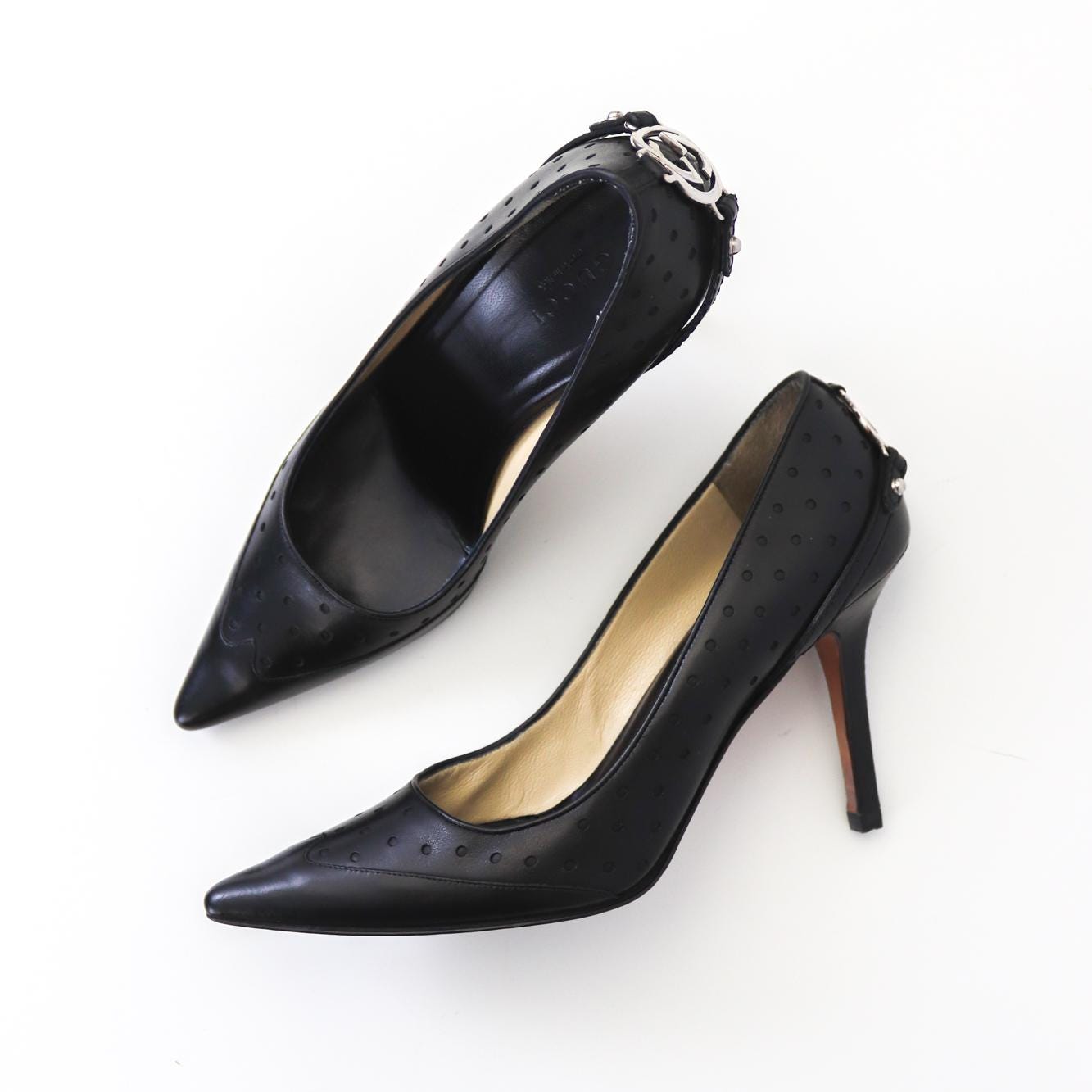 Vintage Gucci Black Leather GG Interlocking Logo Heels Pointed Toe Pumps / 36 (US 6)