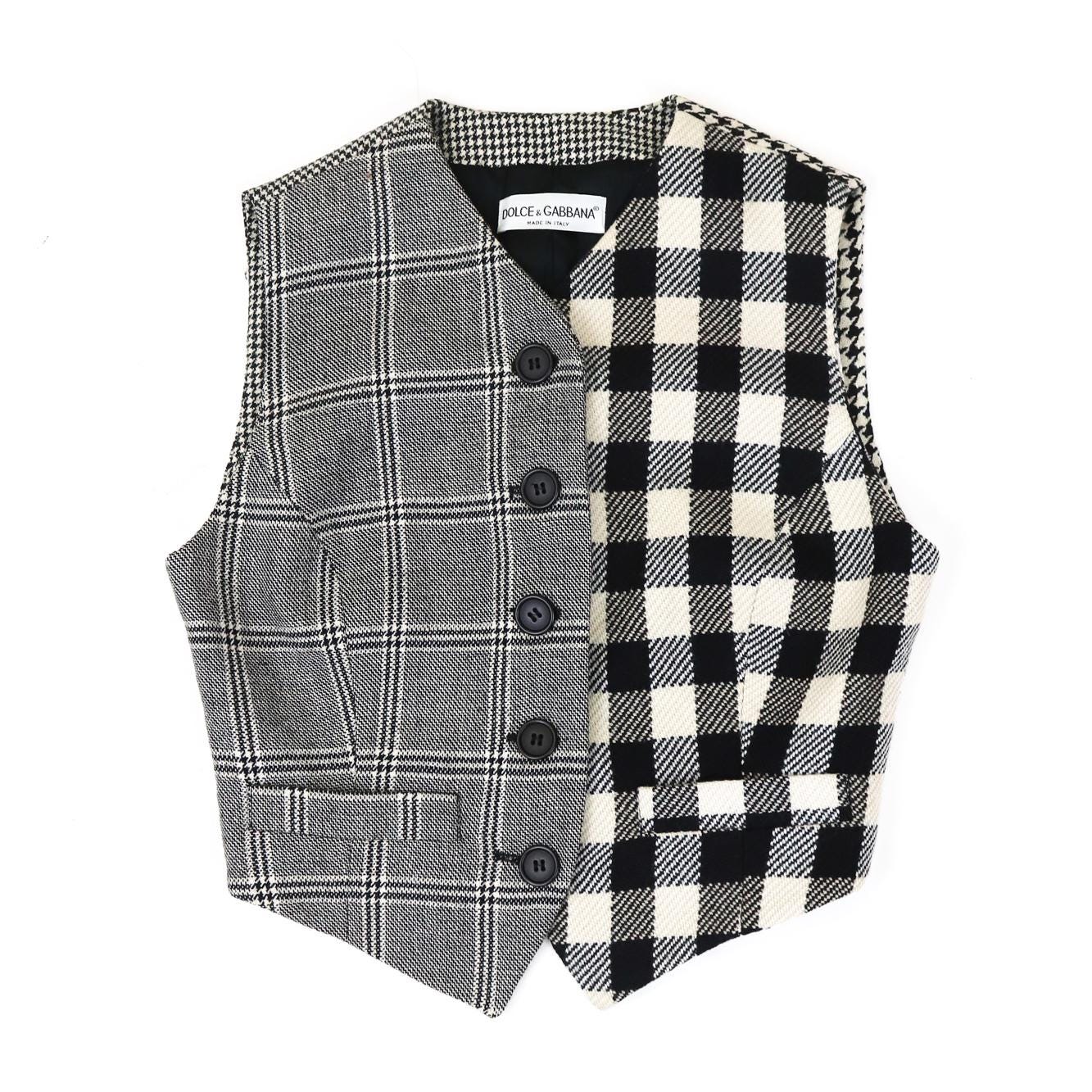 Vintage F/W 1993 Dolce&Gabbana Wool Patchwork Check Houndstooth Waistcoat Top
