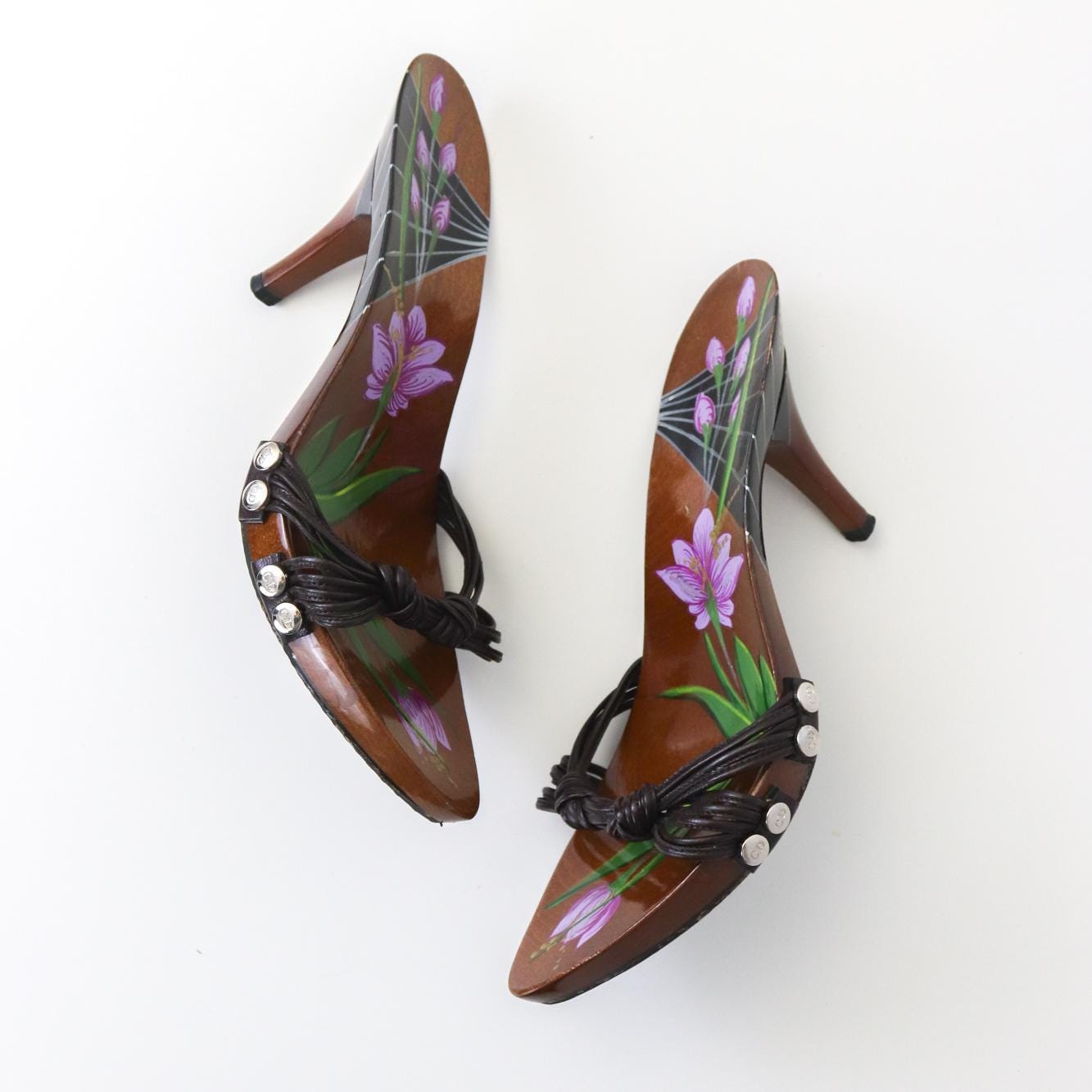 Vintage Christian Dior Galliano Era Flower Hand-painted Mules Leather Knot Heels / 36.5 (US 6.5)