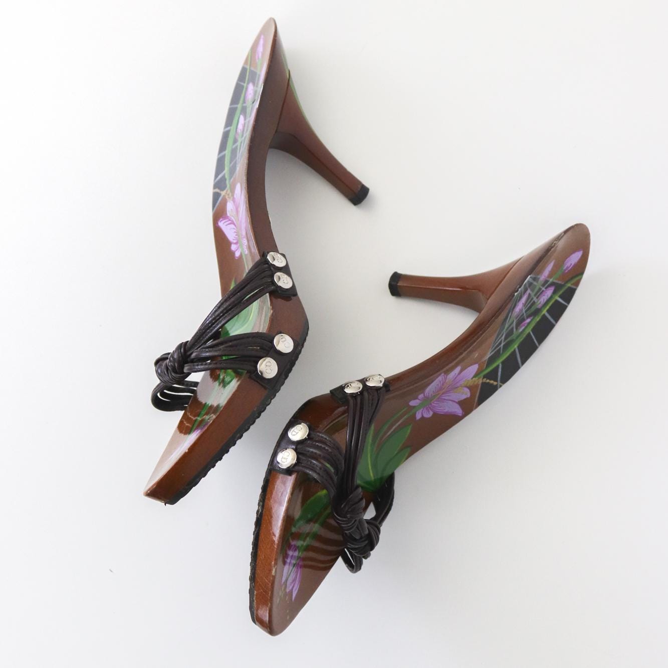 Vintage Christian Dior Galliano Era Flower Hand-painted Mules Leather Knot Heels / 36.5 (US 6.5)