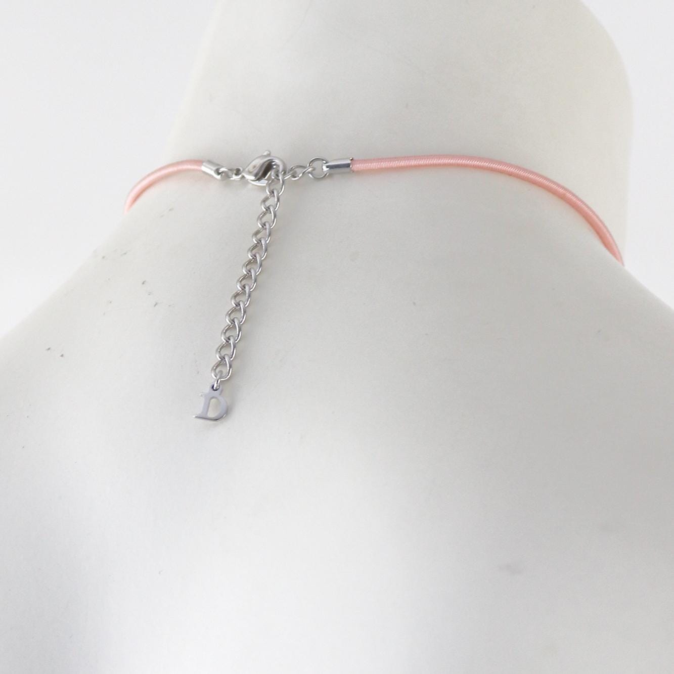 Vintage Christian Dior Silver Pink Chord Choker CD Logo Ribbon Necklace