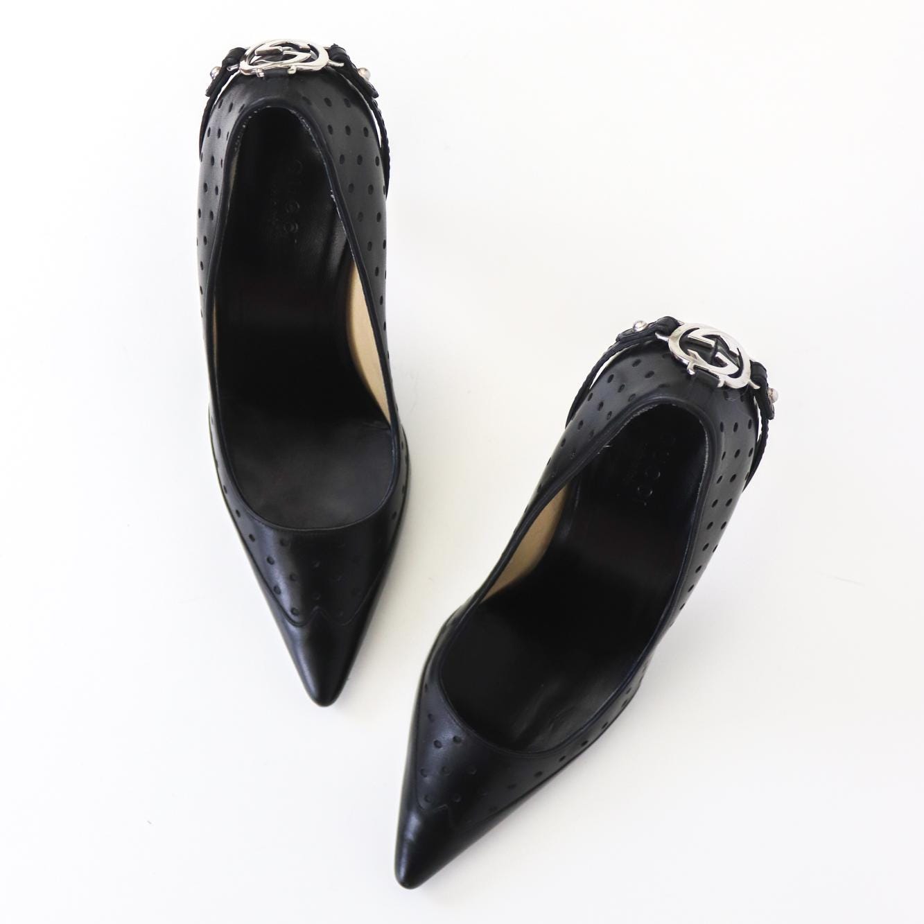 Vintage Gucci Black Leather GG Interlocking Logo Heels Pointed Toe Pumps / 36 (US 6)