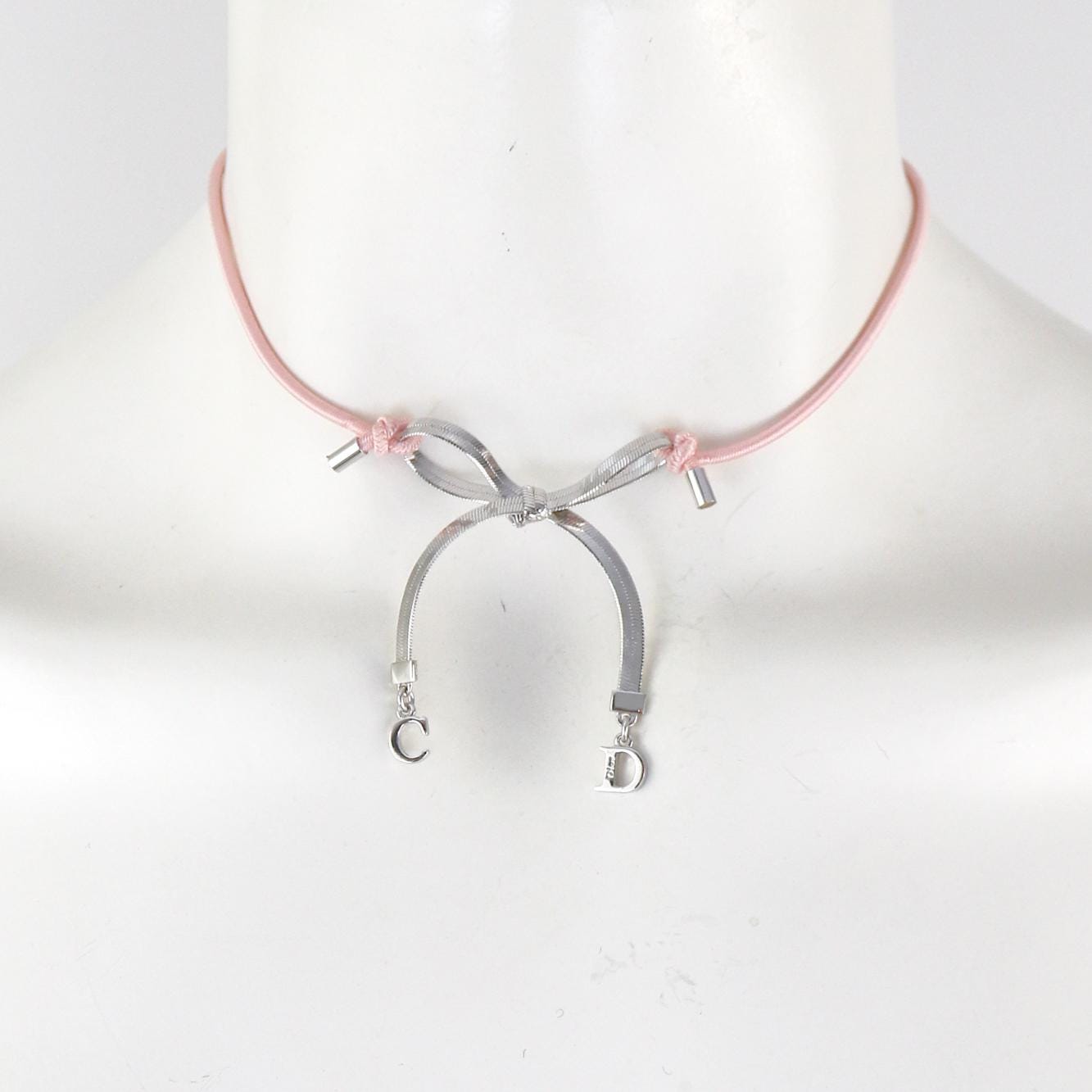 Vintage Christian Dior Silver Pink Chord Choker CD Logo Ribbon Necklace