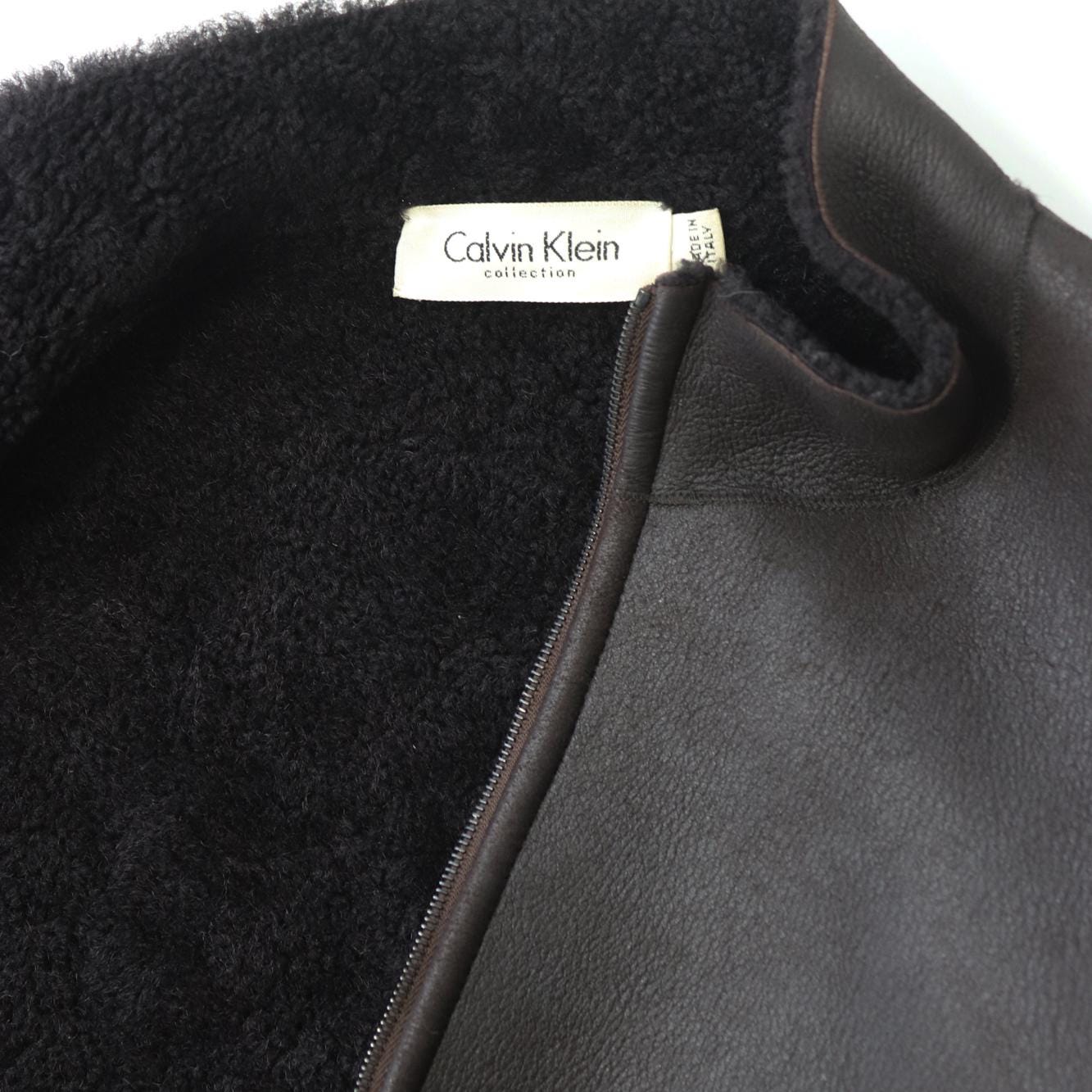 Vintage F/W 2001 Calvin Klein Collection Chocolate Brown Lightweight Leather Fur Shearling Jacket / S-M