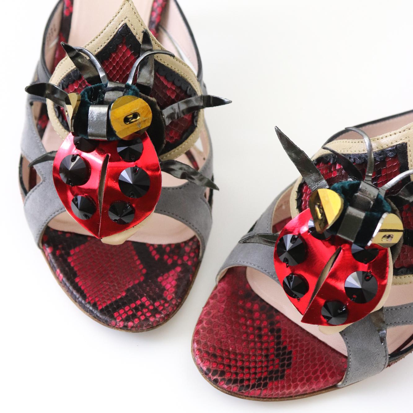 Vintage S/S 2008 Miu Miu Prada Snakeskin Leather Ladybug Mules Heels / 36.5 (US 6.5)